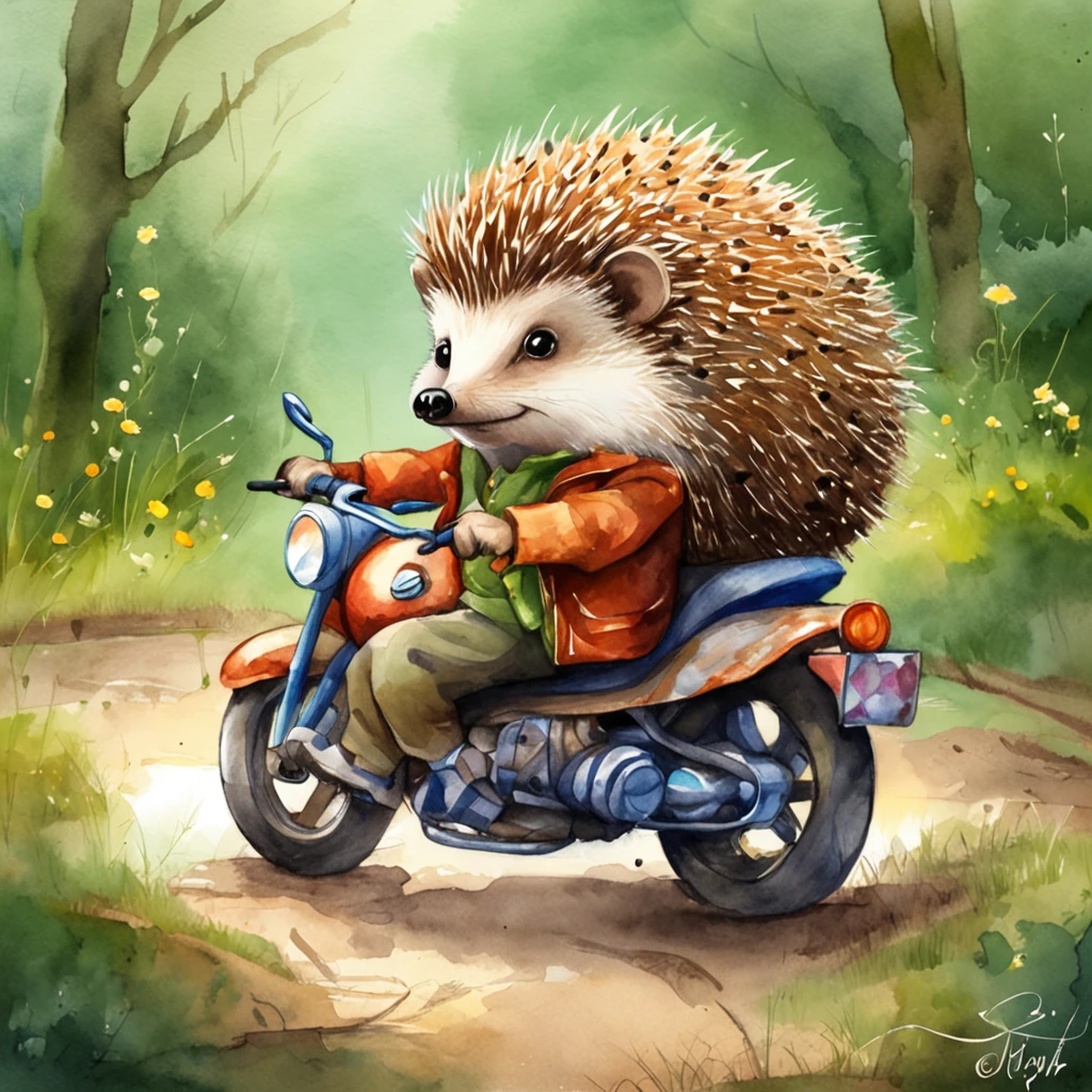 Hedgehog riding on a motorcycle、Fantasy creation illustration、Cute cuteness