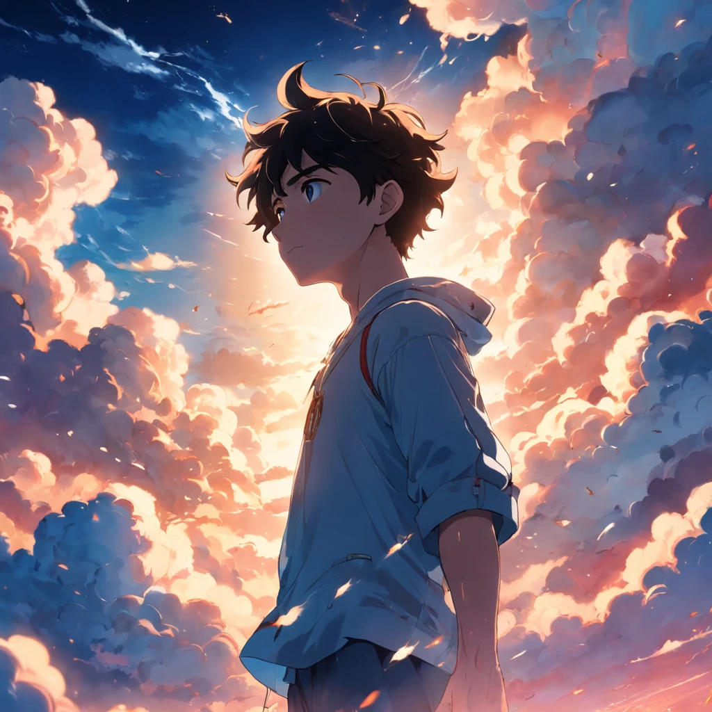 masterpiece, best quality, movie still, 1 young man, cloud boy, floating in the sky, close-up, bright, happy, warm soft lighting, sunset, blue, (sparks:0.7)