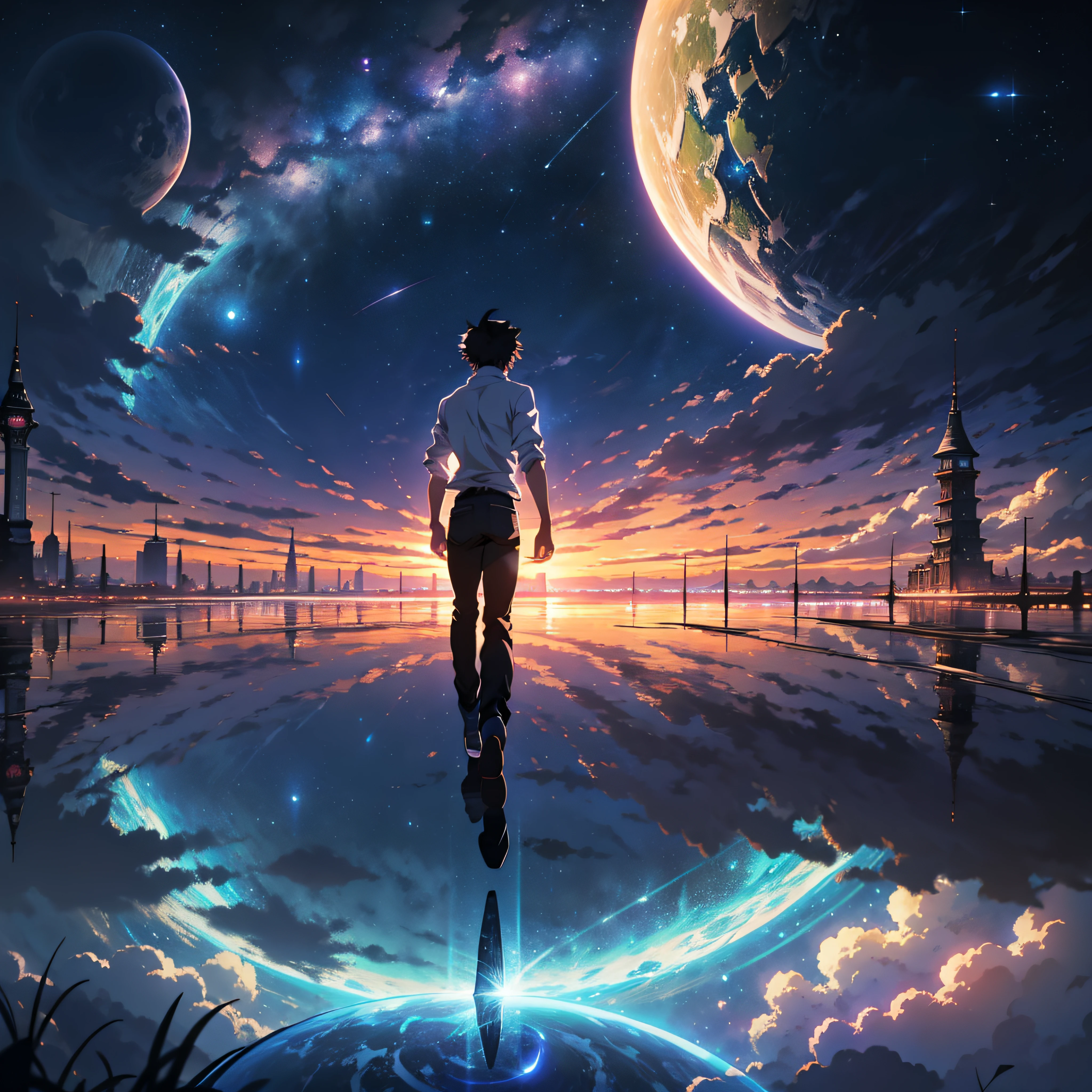 anime - style scene of a beautiful sky with a star and a planet, cosmic skies. by makoto shinkai, anime art wallpaper 4k, ung man, anime art wallpaper 4 k, anime art wallpaper 8 k, anime wallpaper 4k, anime wallpaper 4 k, 4k anime wallpaper, anime sky, amazing wallpaper, anime background, heaven planet in background, anime background art, reflection, quantum transisition, white shirt, black jeans, in the tower of city.