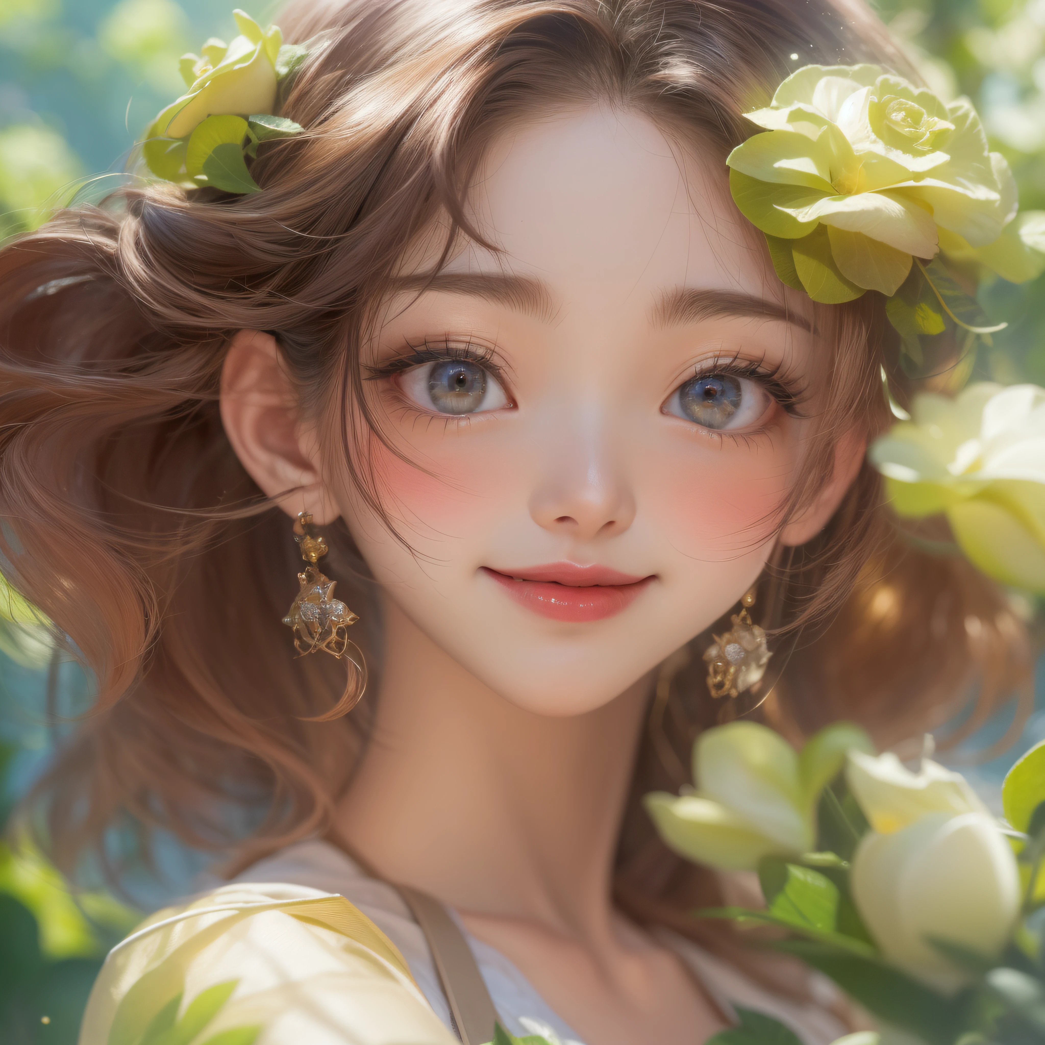 Close up of rosy smile with open mouth、(realisitic、hight resolution)、(1 girl in)、Do-Up Eye、Korean Girl、(Best Quality), (masutepiece), (1girl in), Solo, a beauty girl, Perfect face, Big Breast,dreamlikeart、Highly detailed airbrush art((Surreal))、Volumetric lighting、(top-quality)、The ultra-detailliert、(The composition of the movement:1.4)、Highly detailed colorful details、(Bright lighting)、dynamic compositions、Ray traching、The mirror reflects light、Shallow depth of field、ultra-detailliert、mixing  exposure、nffsw、Her eyes are rosy、Staring at the rose-colored sea。Her rosy face is、Full of adventure anticipation and courage.、A smile appears on her rosy lips。 At the rear、The sun is slowly tilting to the west。Its light brings rosy light to the surface of the sea、The swaying waves create a beautiful scene。Her eyes are clearly rosy。A lot of roses