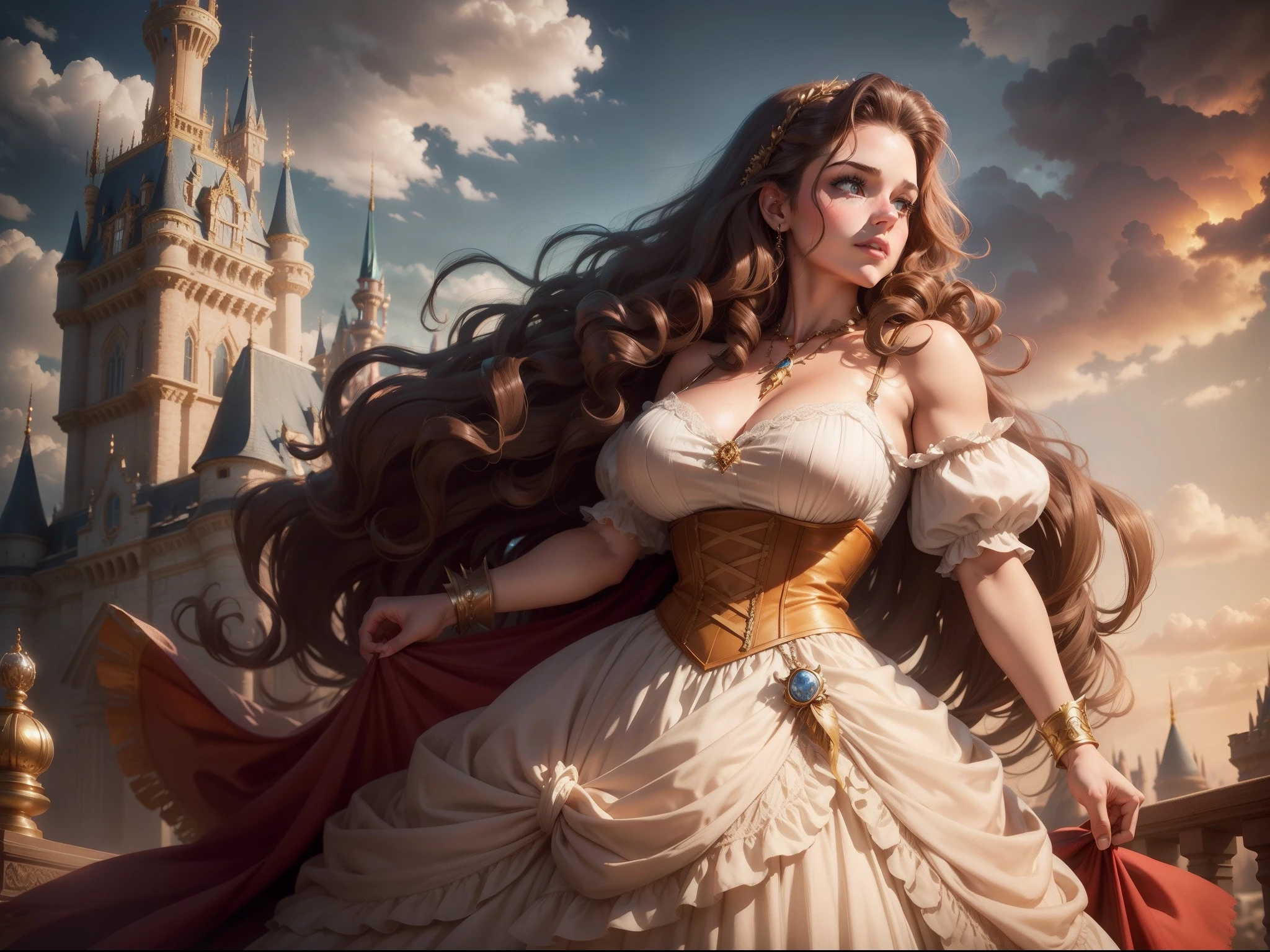 beauty and the beast (disney beauty and the beasts reference), the girl have big breasts ( vintage dress, brownish hair, wavy hair, jewelry), the man is abeast and have muscular body in vintage dress, the background is a castle, cinematic, cloudy bright sky, dramatic.