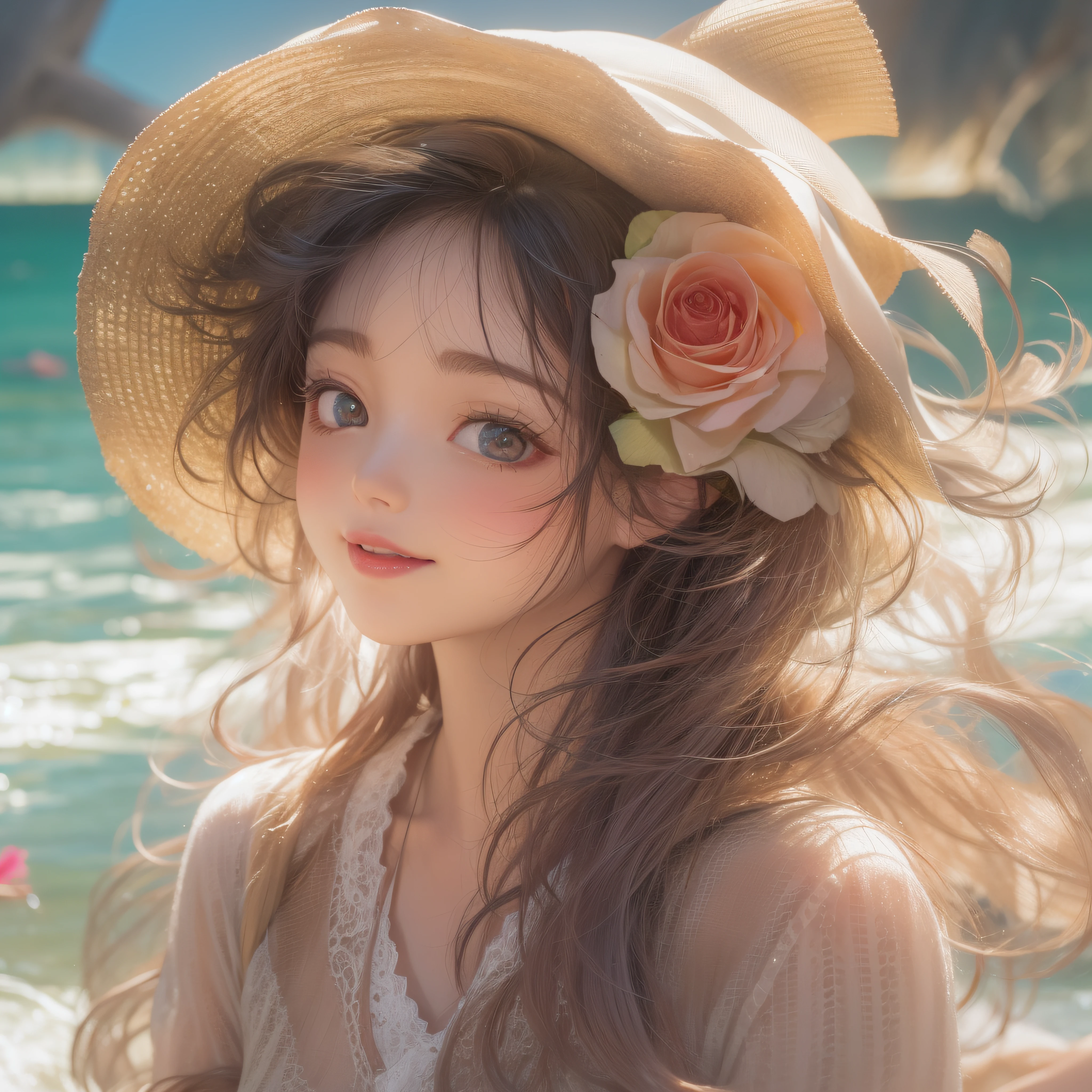 Close up of rosy smile with open mouth、(realisitic、hight resolution)、(1 girl in)、Do-Up Eye、Korean Girl、(Best Quality), (masutepiece), (1girl in), Solo, a beauty girl, Perfect face, Big Breast,dreamlikeart、Highly detailed airbrush art((Surreal))、Volumetric lighting、(top-quality)、The ultra-detailliert、(The composition of the movement:1.4)、Highly detailed colorful details、(Bright lighting)、dynamic compositions、Ray traching、The mirror reflects light、Shallow depth of field、ultra-detailliert、mixing exposure、nffsw、Her eyes are rosy、Staring at the rose-colored sea。Her rosy face is、Full of adventure anticipation and courage.、A smile appears on her rosy lips。 At the rear、The sun is slowly tilting to the west。Its light brings rosy light to the surface of the sea、The swaying waves create a beautiful scene。Her eyes are clearly rosy。A lot of roses