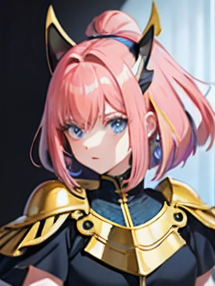 haman karn、One lady、europian、Pink hair、golden hair ornaments、blue eyess、Golden shoulder rest、Black clothes with yellow patterns、((masterpiece:1.2))、((Top image quality:1.2))