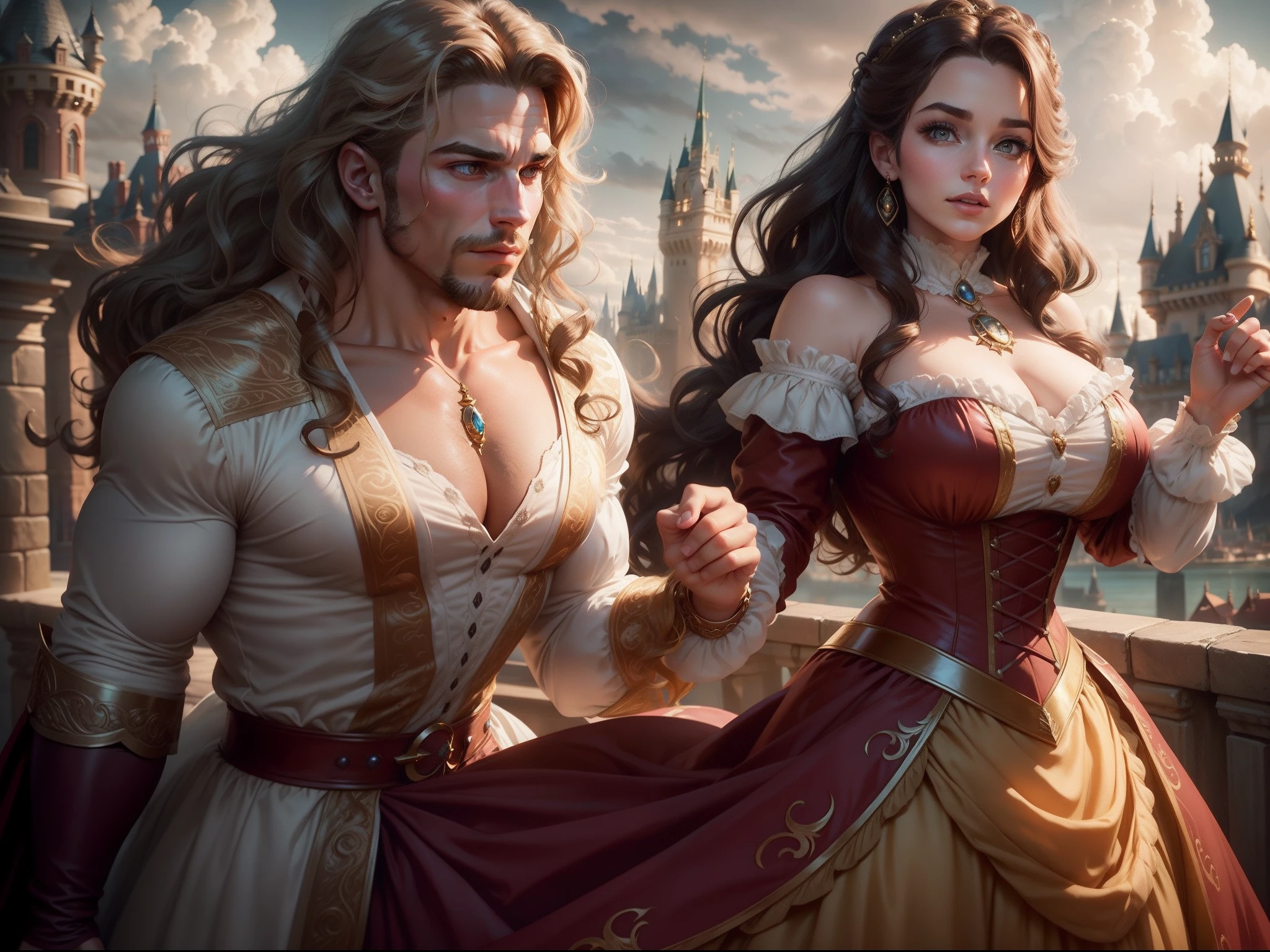 beauty and the beast (disney beauty and the beasts reference), the girl have big breasts ( vintage dress, brownish hair, wavy hair, jewelry), the man is abeast and have muscular body in vintage dress, the background is a castle, cinematic, cloudy bright sky, dramatic.