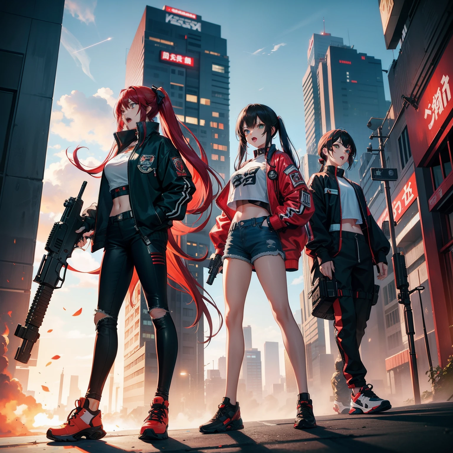 Full body shot, female asian Irina Shidou red hair twintails green eyes, in a cyberpunk city, wearing a bomber jacket and crop top and denim shorts, standing next to a Nissan GT-R, holding a big machine gun, holding a long laser rifle, shooting laser rifle, shooting lasers up at the sky, rapid fire, explosions, running and jumping, open mouth, screaming, frontal shot, side shot, rear shot, back shot, behind shot, masterpiece, highly detailed