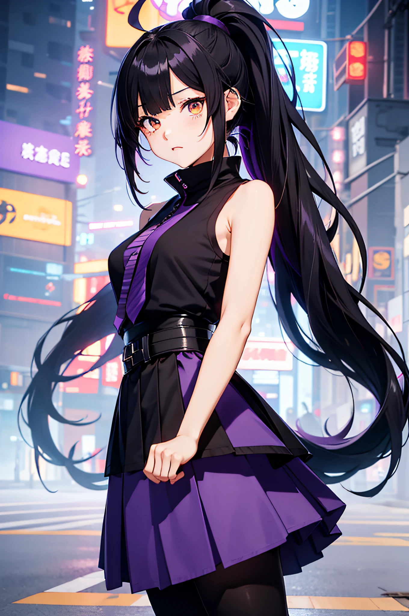 sleeveless shirts, young 1girl, solo, sakifuwa, glazed eyes, very long hair, ponytail, orange eyes, black hair, ahoge, black tights, long leggings, purple strain of hair, very purple long skirt, stylish at cyberpunk, night time