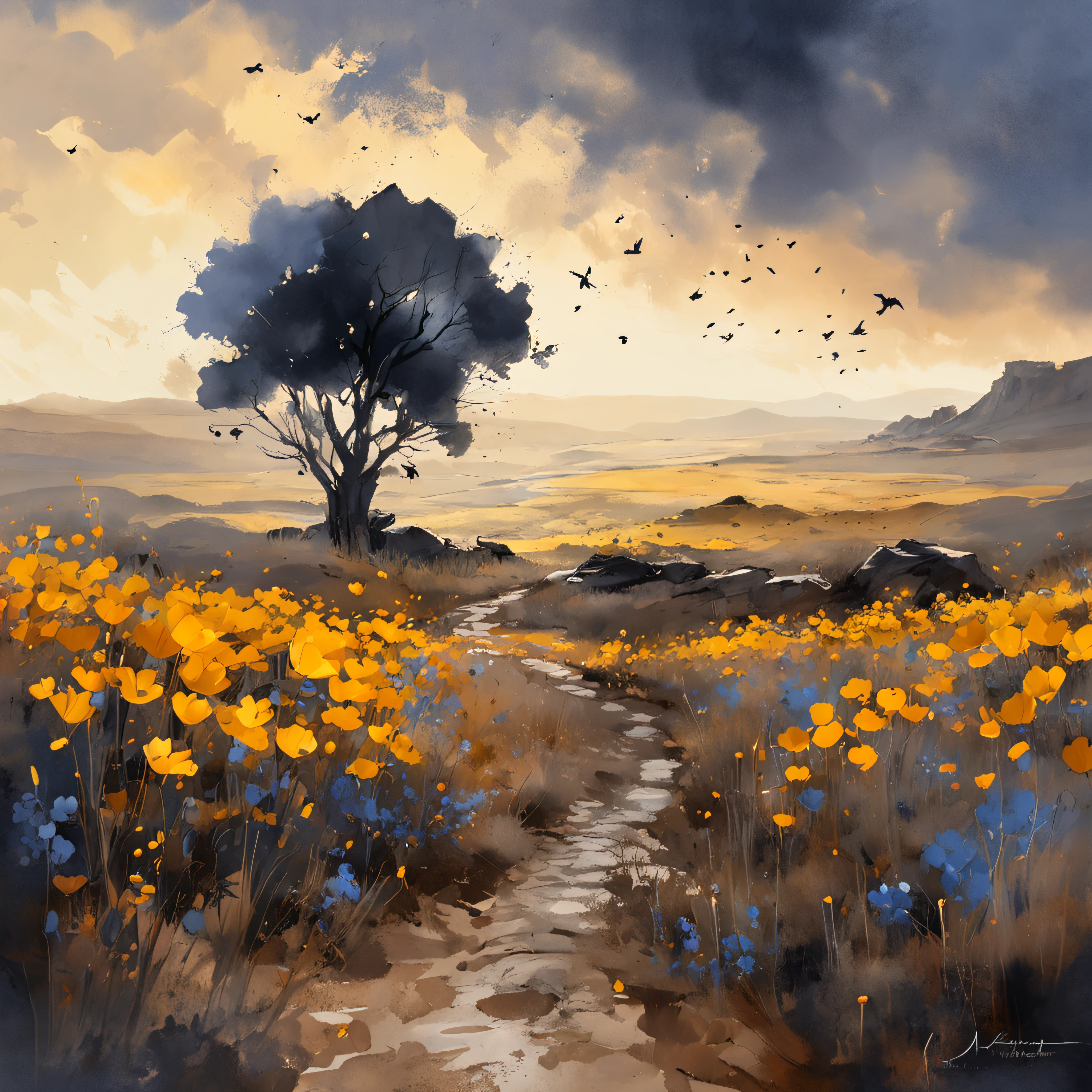 Black poppies in moonlight, big full moon, A shadow shaped like a walker, Starry night, Thick fog on the ground, Blue light on the horizon, Unreal Engine 5, Cinematic, low angle photography, Motion blur, Depth of field, Dust, Cobblestones and dirt. Splash Art, dripping paint. Perfect color grading. Influenced by Karel Appel and Jeremy Mann, Full of dramatic and threatening scenes, Hyper-detailed, Beautiful, insanely details, Intricate details, editorial photography, shot with a 50mm lens, Depth of field, Tilt Blur, Shutter speed 1/1000, f/22. Lightmaps, Super bright