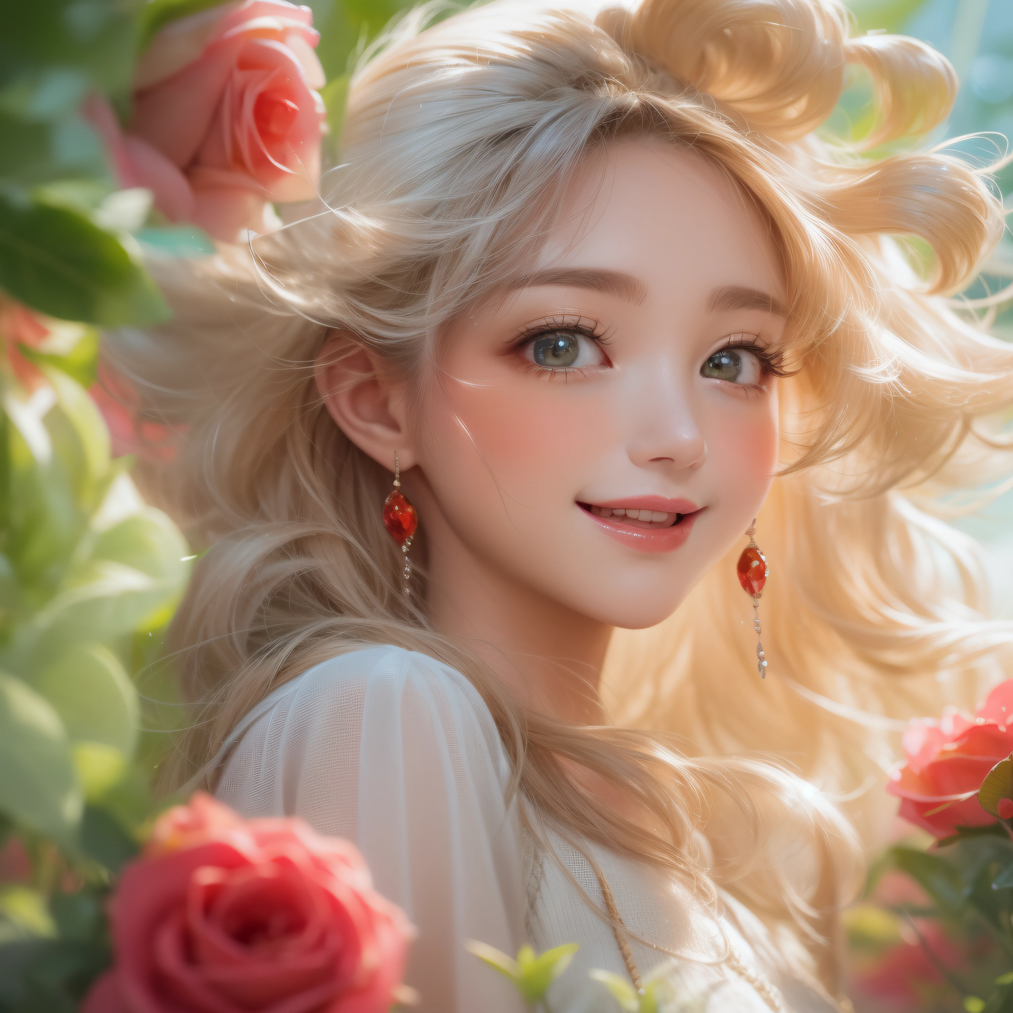 Close up of rosy smile with open mouth、(realisitic、hight resolution)、(1 girl in)、Do-Up Eye、Korean Girl、(Best Quality), (masutepiece), (1girl in), Solo, a beauty girl, Perfect face, Big Breast,dreamlikeart、Highly detailed airbrush art((Surreal))、Volumetric lighting、(top-quality)、The ultra-detailliert、(The composition of the movement:1.4)、Highly detailed colorful details、(Bright lighting)、dynamic compositions、Ray traching、The mirror reflects light、Shallow depth of field、ultra-detailliert、mixing exposure、nffsw、Her eyes are rosy、Staring at the rose-colored sea。Her rosy face is、Full of adventure anticipation and courage.、A smile appears on her rosy lips。 At the rear、The sun is slowly tilting to the west。Its light brings rosy light to the surface of the sea、The swaying waves create a beautiful scene。Her eyes are clearly rosy。A lot of roses