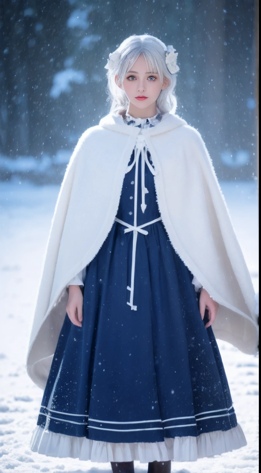 Photorealistic, high resolution, 1 Women, Solo, (ta costume),Gorgeous costumes,Face the audience,The upper part of the body,upper legs, beautidful eyes, White hair, ringed eyes, (outside,Heavy snowfall,Cloak,Cover with snow),snowfield,Blue eyes,Illustrations of the highest quality,A meticulous face