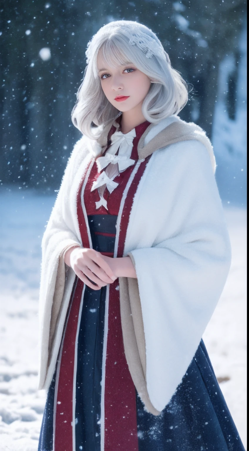 Photorealistic, high resolution, 1 Women, Solo, (ta costume),Gorgeous costumes,Face the audience,The upper part of the body,upper legs, beautidful eyes, White hair, ringed eyes, (outside,Heavy snowfall,Cloak,Cover with snow),snowfield,Blue eyes,Illustrations of the highest quality,A meticulous face