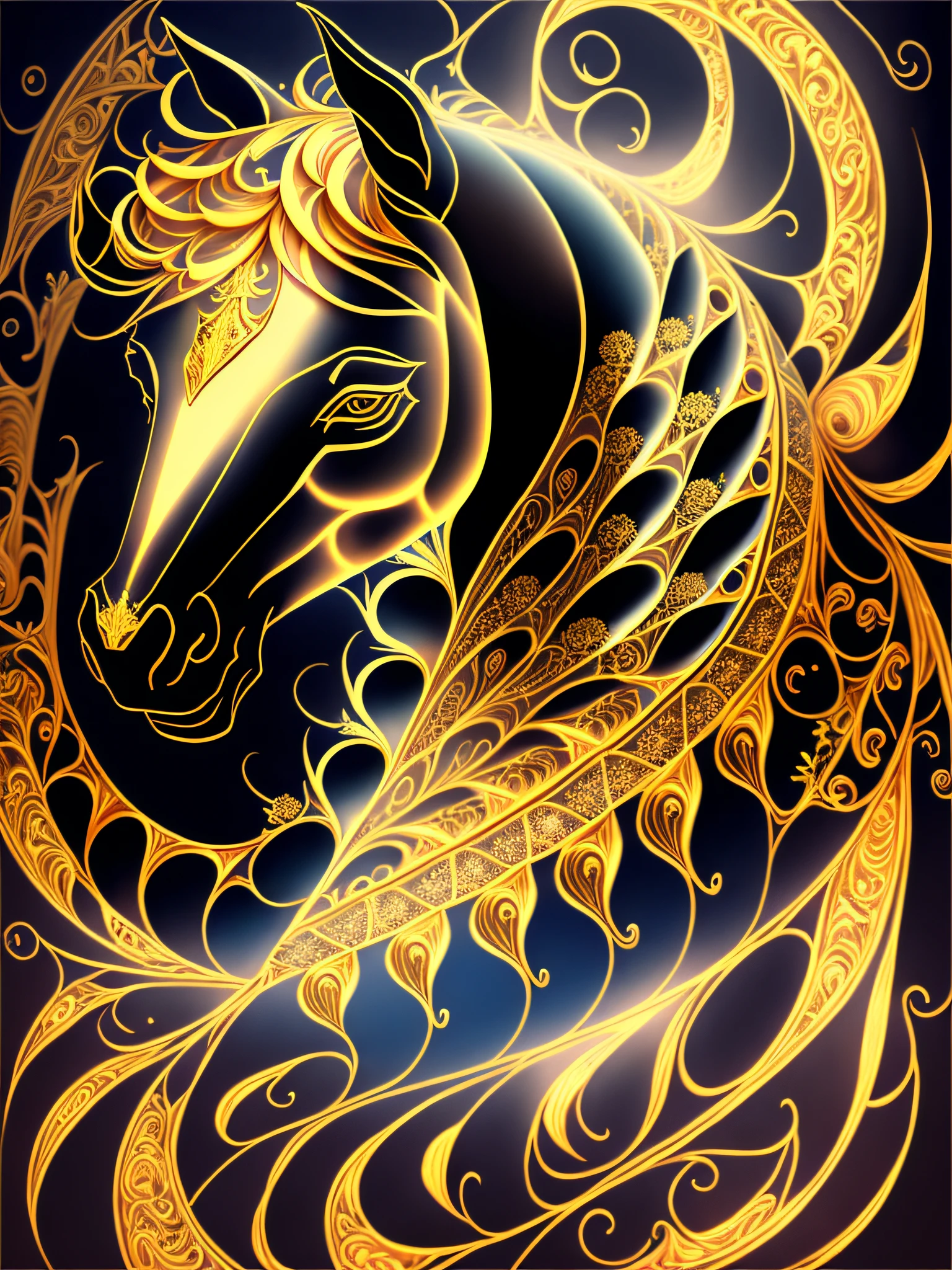 (Zodiac horse head) Simple style, Best quality, Beautiful,Fractal art,Holy light,gold foil,Gold leaf art,Self-luminescence,Represented in a picture