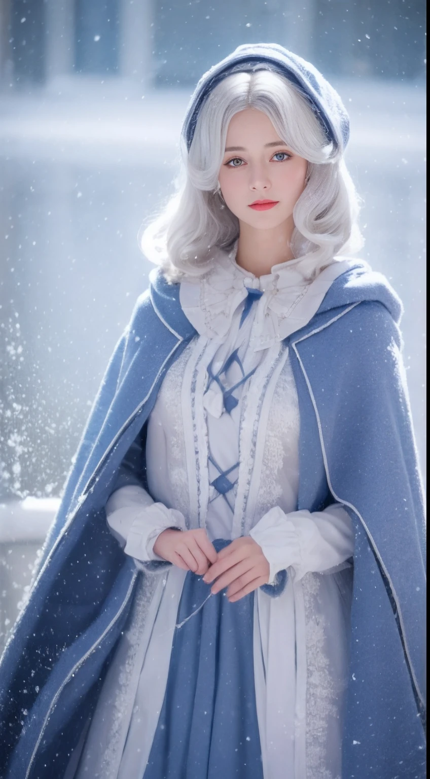 Photorealistic, high resolution, 1 Women, Solo, (Lolita costume),Gorgeous costumes,Face the audience,The upper part of the body,upper legs, beautidful eyes, White hair, ringed eyes, (outside,Heavy snowfall,Cloak,Cover with snow),snowfield,Blue eyes,Illustrations of the highest quality,A meticulous face