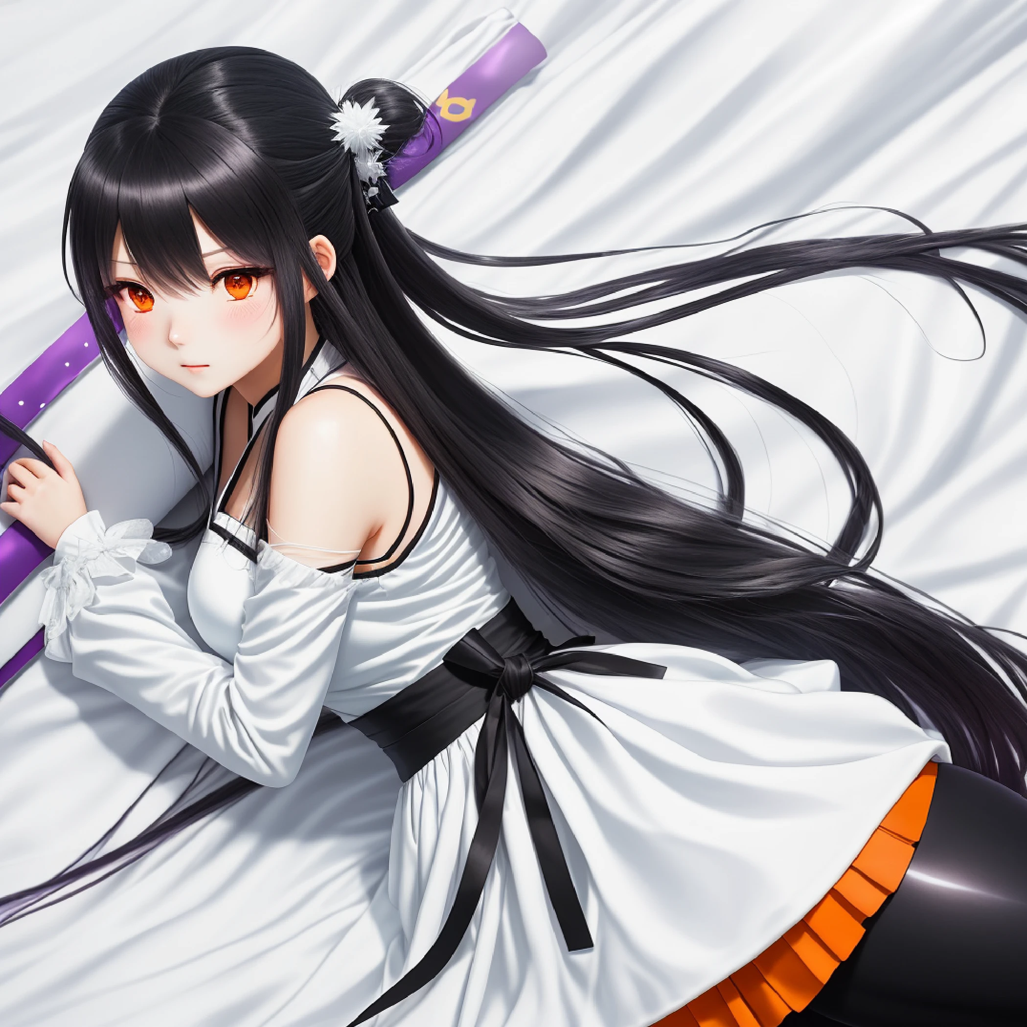 Woman in white dress lying on bed with pillow, fantrome, japanese shoujo manga, Ecchi, Light Novel Cover Art, shoujo manga, oppai, shoujo manga, Manga cover, anime cover, Seductive Anime Girl, manga cover art, けもの, Ishida Suiat Manga Young 1, Solo, Sakihuwa, glazed eyes, Very long hair, Ponytail, Orange Eyes, Black hair, Ahoge, Black tights, White Samurai Suit, Long leggings, Purple strain on the hair, Very purple long skirt, Holding two swords, Effects of frost, Frost Blue, Frost Pillar, in mountain, Lady Lady