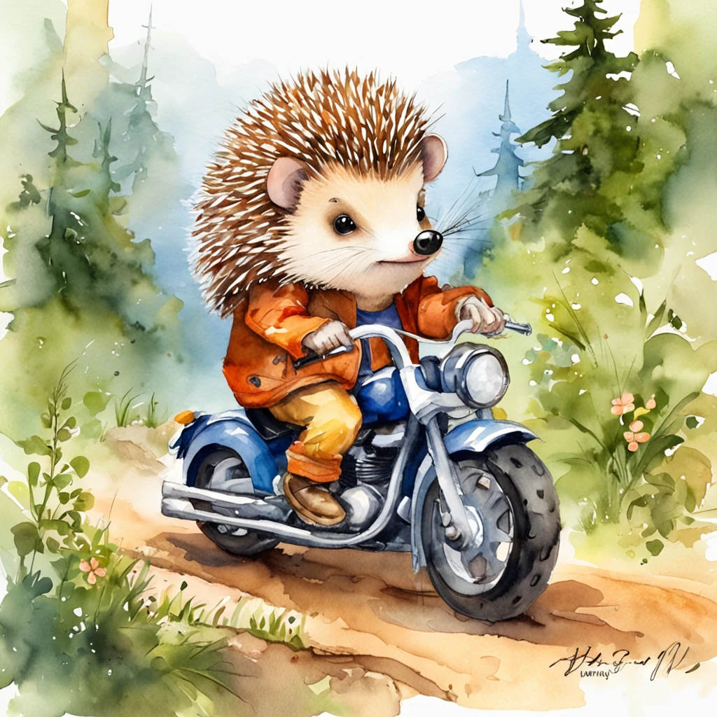 Hedgehog riding on a motorcycle、Fantasy creation illustration、Cute cuteness