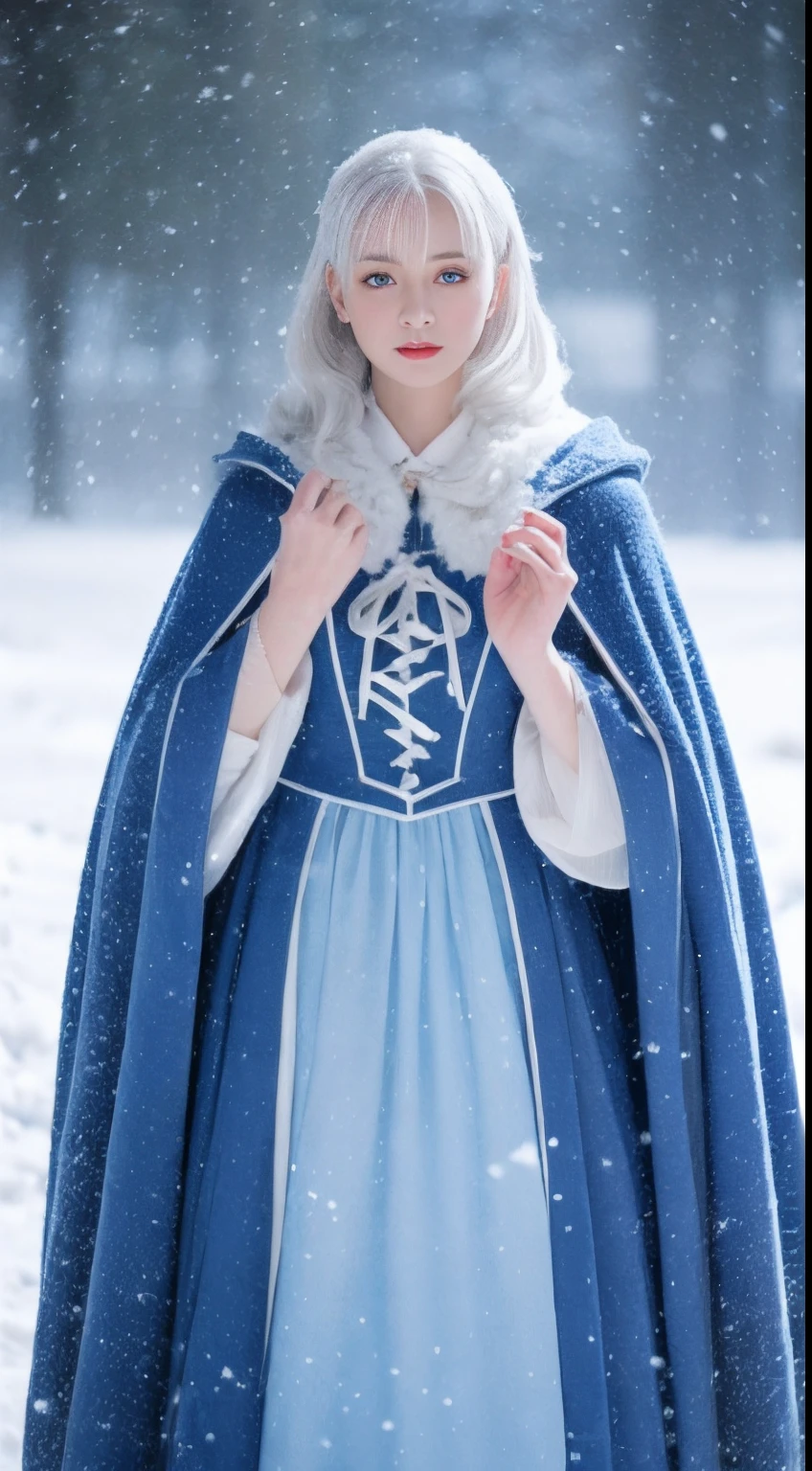 A woman in a blue cape and white dress standing in the snow - SeaArt AI