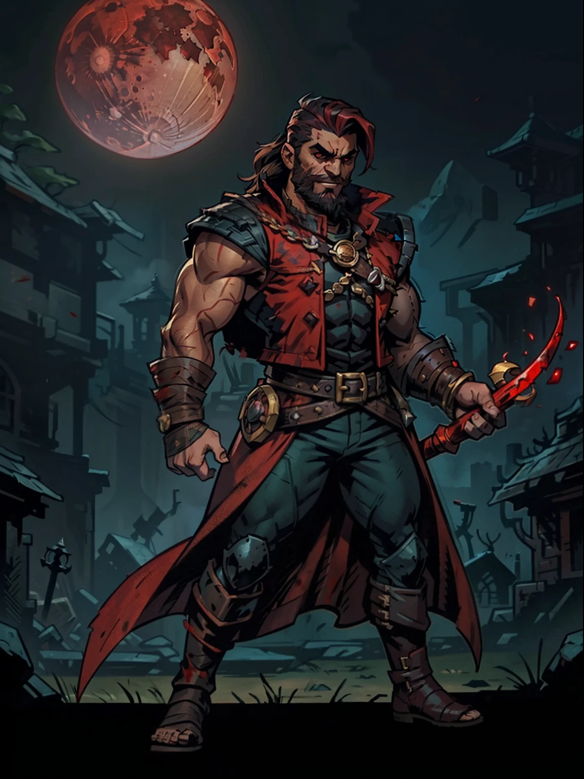 Blood moon background, Darkest Dungeon style, taking treasure. Sadurang from Marvel, hunk, buffed physics, short mane hair, mullet, defined face, detailed eyes, short beard, glowing red eyes, dark hair, wily smile, badass, dangerous. Wearing big green classy overcoat, underarmor, cargo pants