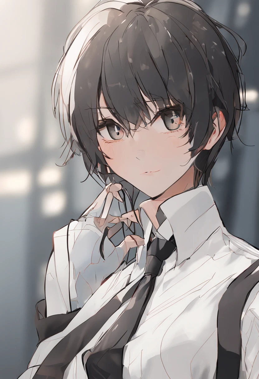 Handwriting style、sweet-smelling、Boyish Woman,bobhair,Black eye,A dark-haired,White shirt,Black tie,Facing the front,stares at the camera,The upper part of the body
