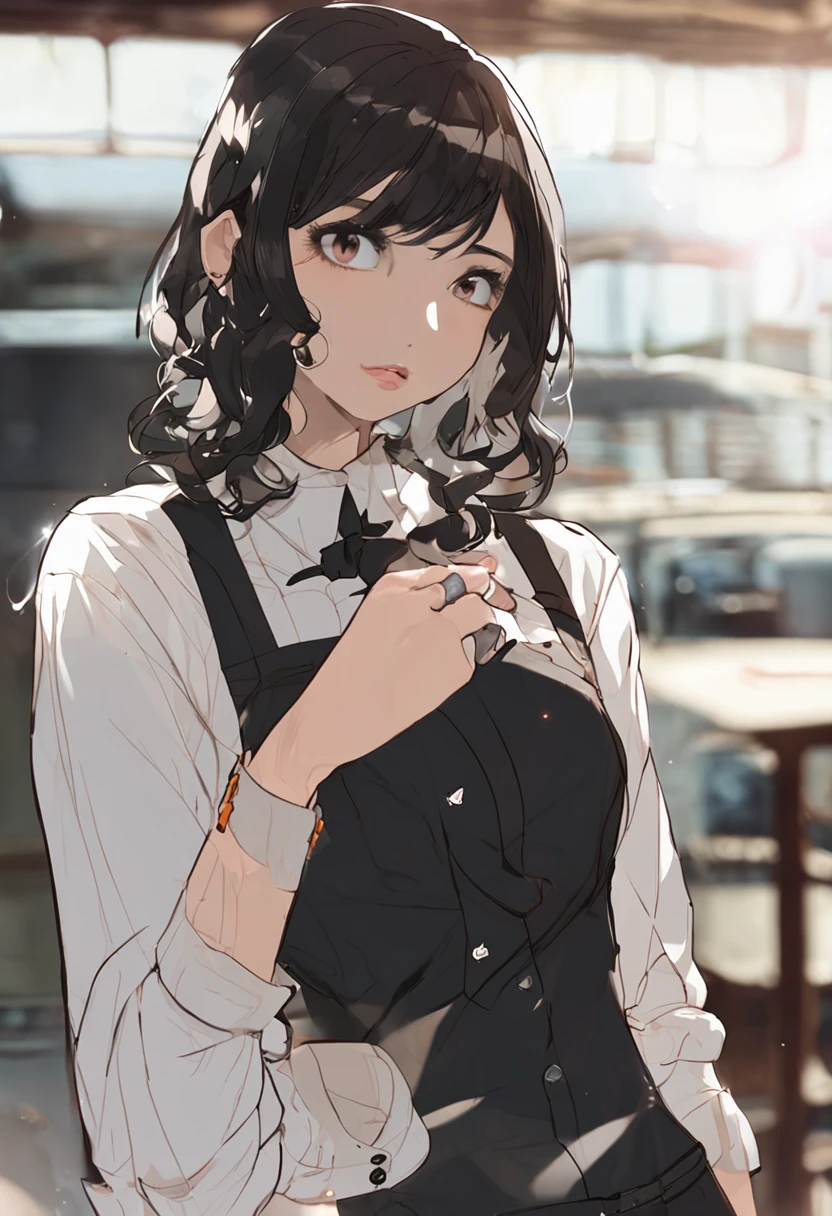Handwriting style、sweet-smelling、Boyish Woman,bobhair,Black eye,A dark-haired,White shirt,Black tie,Facing the front,stares at the camera,The upper part of the body