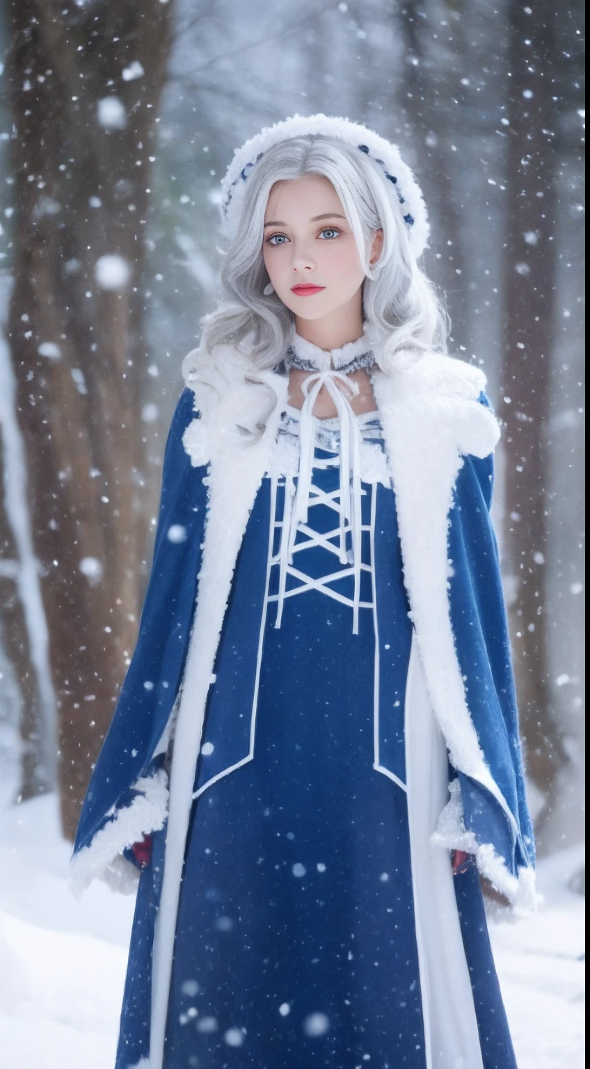 Photorealistic, high resolution, 1 Women, Solo, (Lolita costume),Gorgeous costumes,Face the audience,The upper part of the body,upper legs, beautidful eyes, White hair, ringed eyes, (outside,Heavy snowfall,Cloak,Cover with snow),snowfield,Blue eyes,Illustrations of the highest quality,A meticulous face