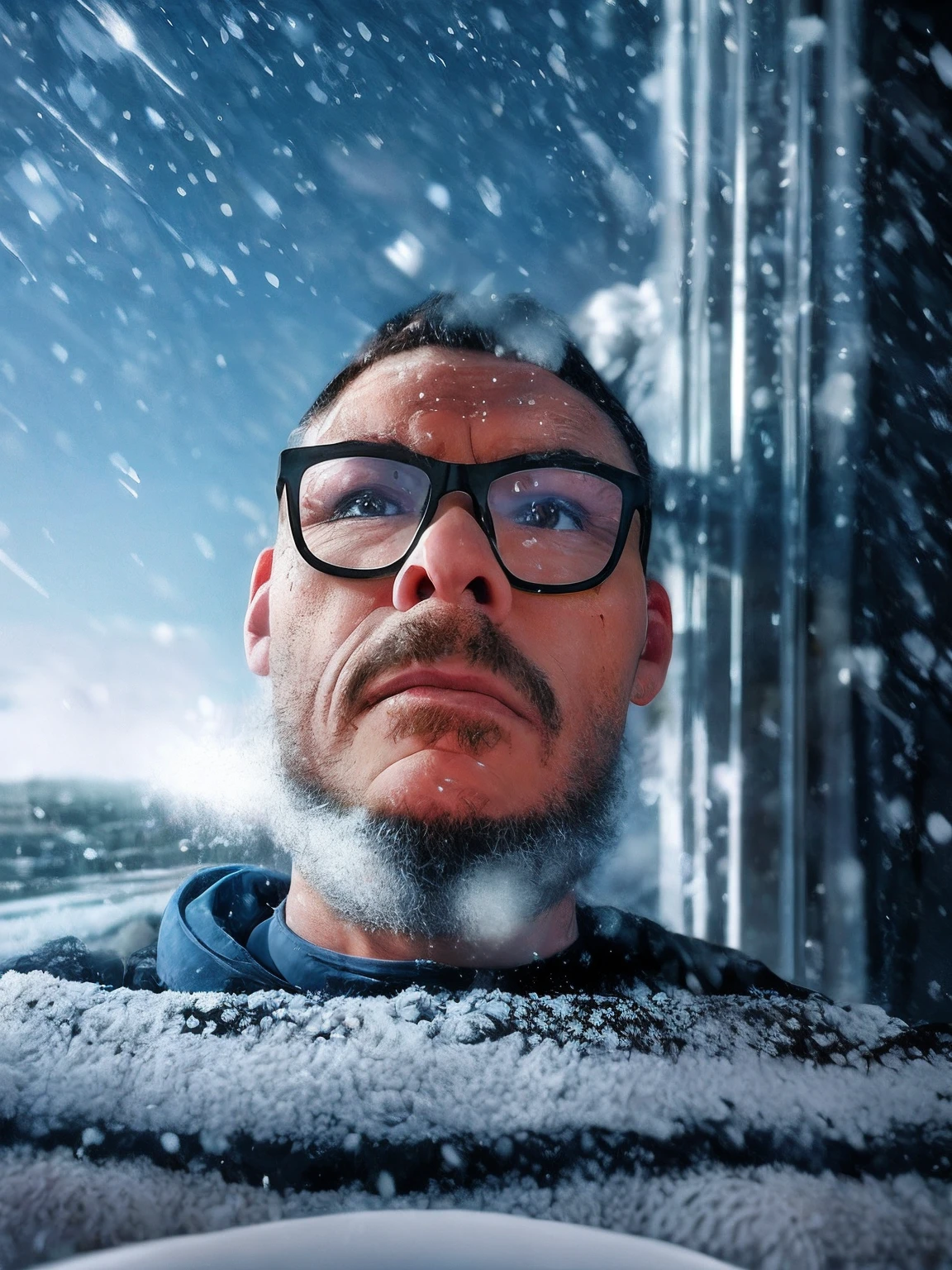 A hyper-realistic scene with a man wearing glasses;, com uma xicara de cafe fumegante na mao, Dress in thick hooded Eskimo clothes. His face is detailed, displaying the effects of extreme cold with an icy appearance. He has his arms crossed and wears thick gloves to protect himself from the cold. The scenery is snowy, Icy city where it's actively snowing. Essa cena hiper-realista, captured in ultra-high definition (8k), depicts the intense cold and hardships faced in this icy Arctic environment.