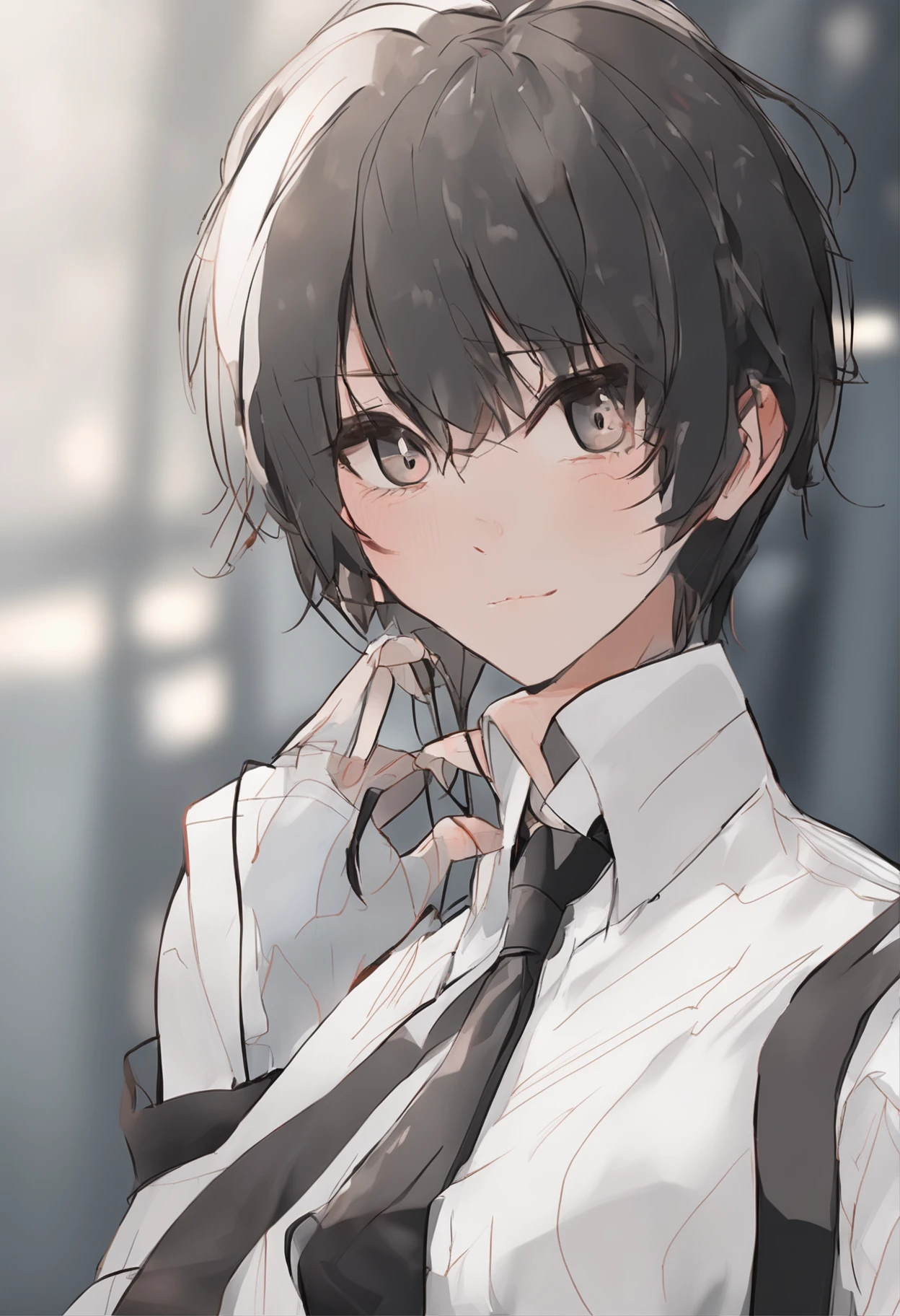 Handwriting style、sweet-smelling、Boyish Woman，bobhair，Black eye，A dark-haired，White shirt，Black tie，Facing the front，stares at the camera，The upper part of the body