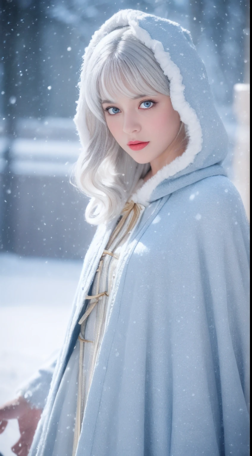 Photorealistic, high resolution, 1 Women, Solo, (Lolita costume)，Gorgeous costumes，Face the audience，The upper part of the body，upper legs， beautidful eyes, White hair, ringed eyes, (outside，Heavy snowfall，Cloak，Cover with snow)，snowfield，Blue eyes，Illustrations of the highest quality，A meticulous face