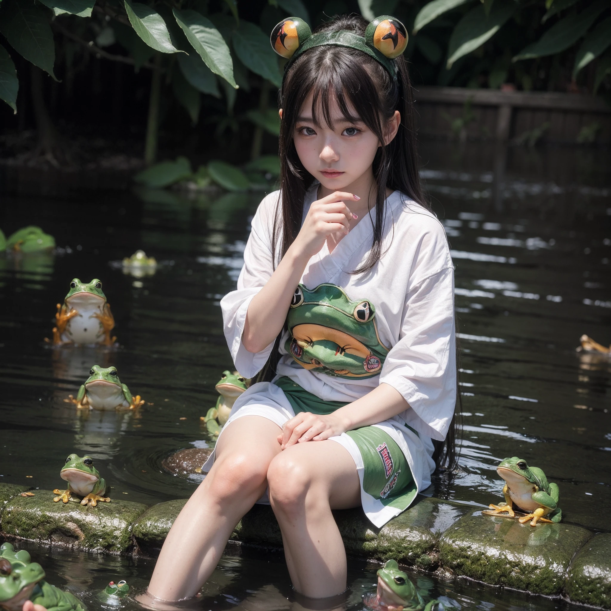 (8K、RAW Photos、top-quality、​masterpiece:1.2)、(realisitic、Photorealsitic:1.35)、ultra-detailliert、超A high resolution、lighting like a movie、(((Japan -yeld giwho loves frogs)))、(((Cosplay as a frog:1.3)))、(((Surrounded by many frogs:1.3)))、cute smile face、Happy and energetic atmosphere、dynamic ungle、动态照明