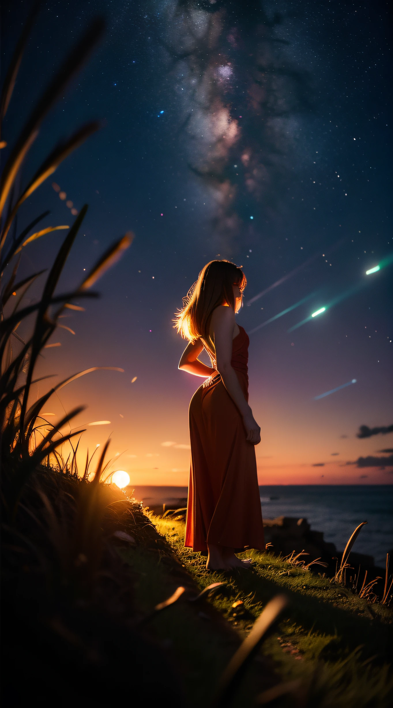 night on the cliff, 1 monk seen from the back, fireflies as bright as the midnight sun, brilliant landscape, 3 point composition perspective, galactic flow lighting, unreal engine 5, description Scene details along the horizon, 16k resolution, tilt angle,masterpiece, anime style, vivid colors