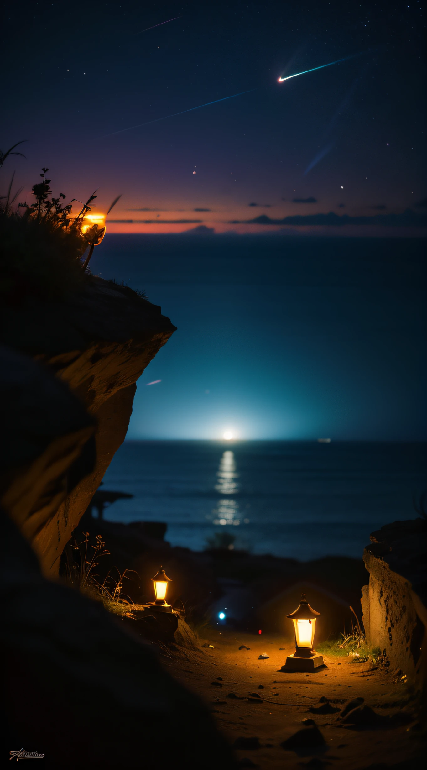 night on the cliff, 1 monk seen from the back, fireflies as bright as the midnight sun, brilliant landscape, 3 point composition perspective, galactic flow lighting, unreal engine 5, description Scene details along the horizon, 16k resolution, tilt angle,masterpiece, anime style, vivid colors