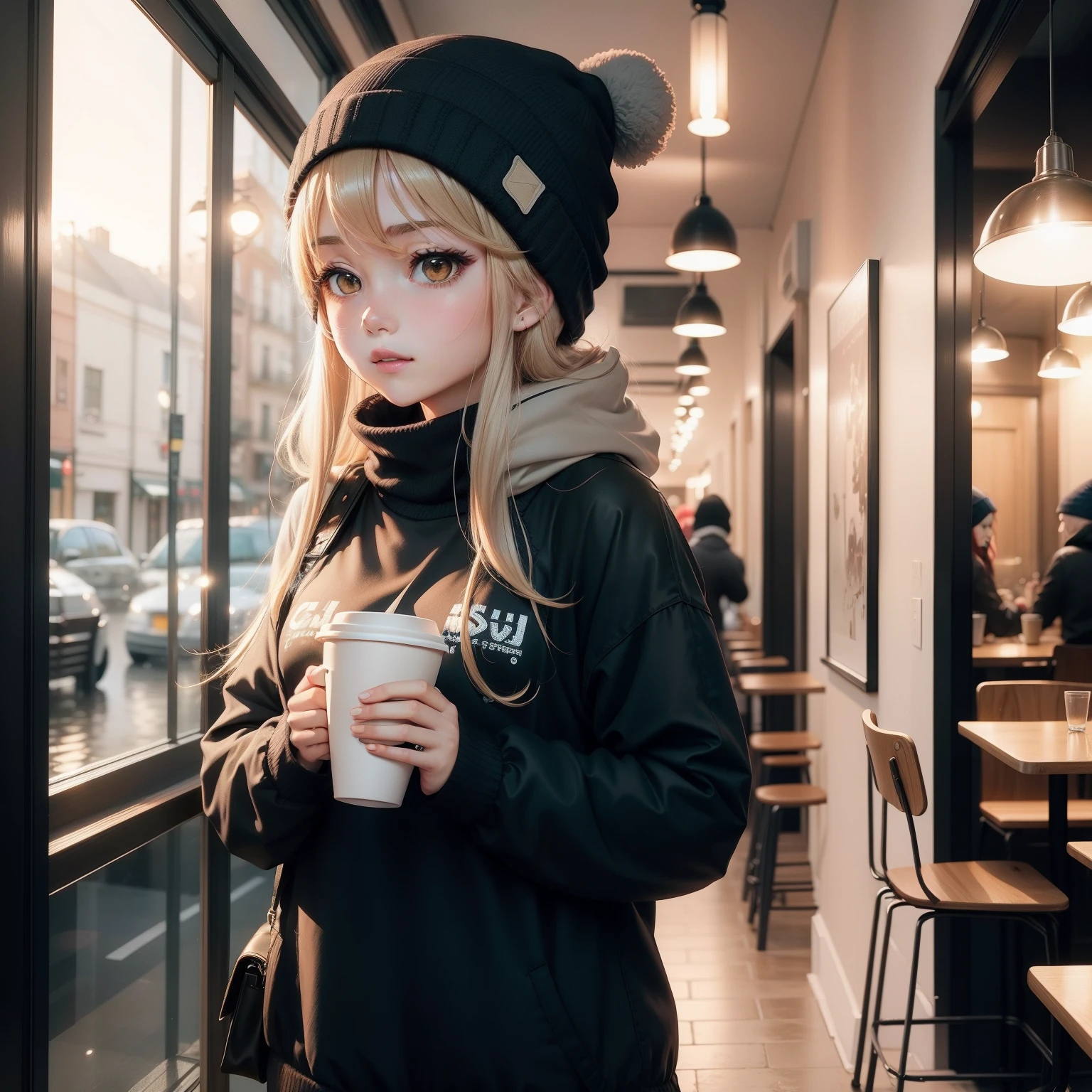 animemanga girl(((Wear casual clothes,Wearing a beanie))),(((Depressed))),(((Flood this warm light))),(((The light is gentle))),Coffee at night in a café with 14k resolution
