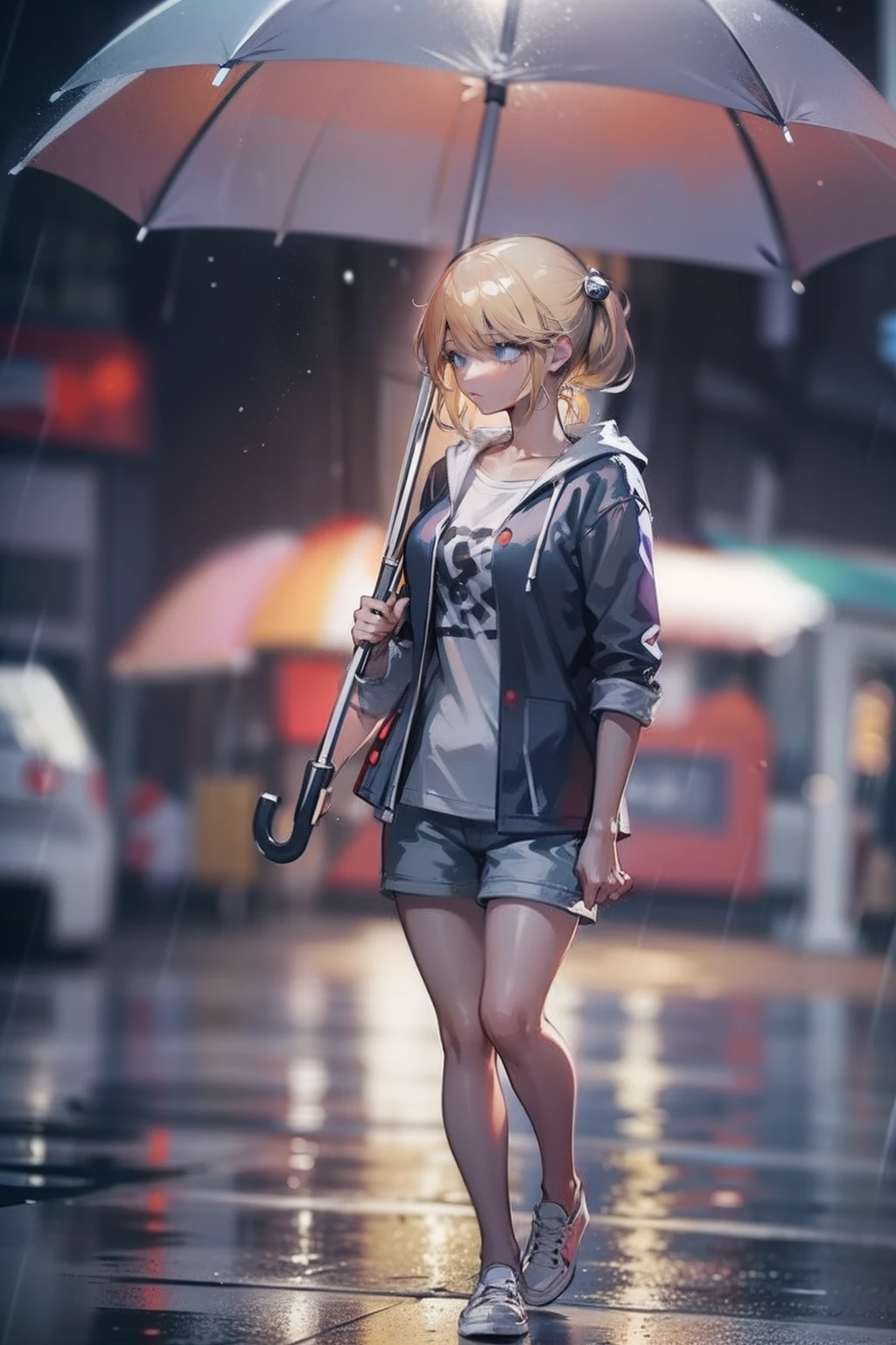 under the rain、Hold a slightly larger umbrella、Align the center of the umbrella、Woman Walking、blond, shortpants、tshirts、Looking at the camera、back lighting、Studio Lighting