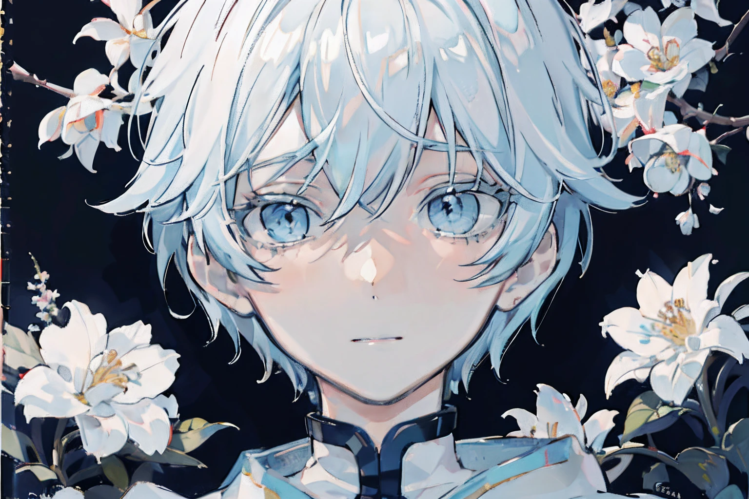 ray tracing,{best quality}, {{masterpiece}}, {highres}, original, extremely detailed 8K wallpaper, {an extremely delicate and beautiful},incredibly_absurdres,colorful,intricate detail,artbook,flower, 1 boy, light blue hair, light blue eyes, white eyelashes, white outfit, closeup portrait face