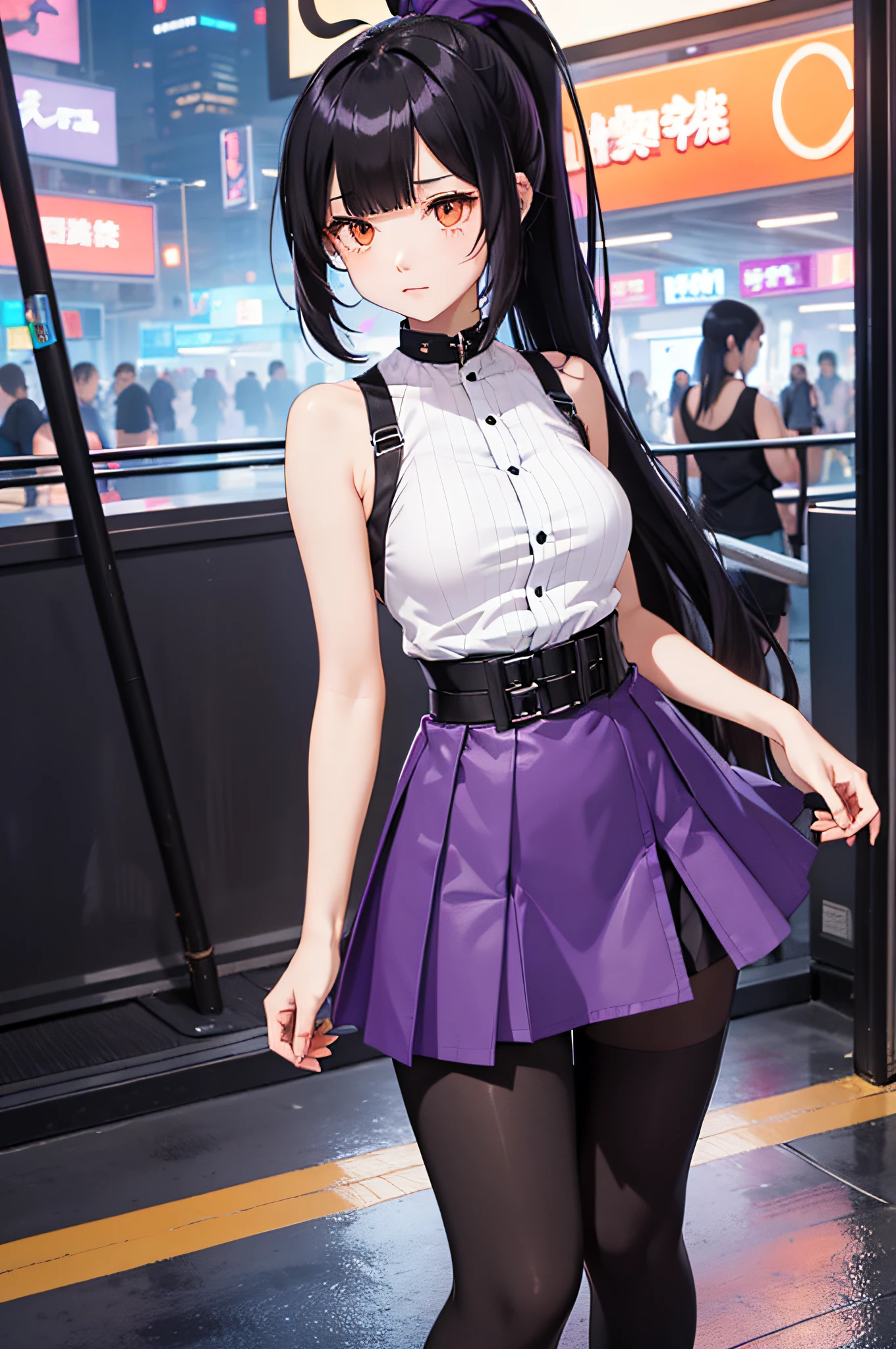 sleeveless shirts, young 1girl, solo, sakifuwa, glazed eyes, very long hair, ponytail, orange eyes, black hair, ahoge, black tights, long leggings, purple strain of hair, very purple long skirt, stylish at cyberpunk, night time