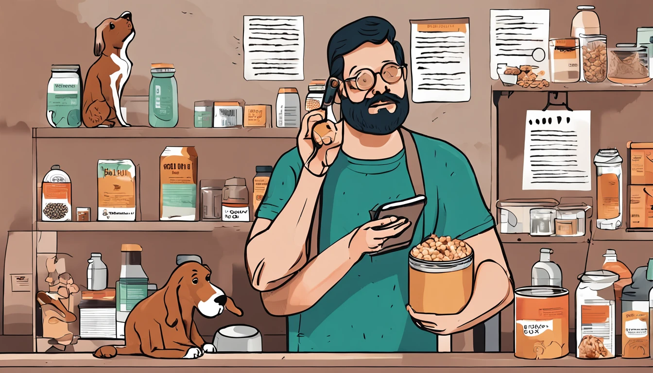 An image of a concerned pet owner holding a can of dog food, with a magnifying glass examining the ingredients list. The person has a curious and determined expression, signifying the importance of understanding pet food regulations. The imagery portrays the need for transparency and awareness in the pet food industry, encouraging pet owners to question and research the products they feed their pets.
