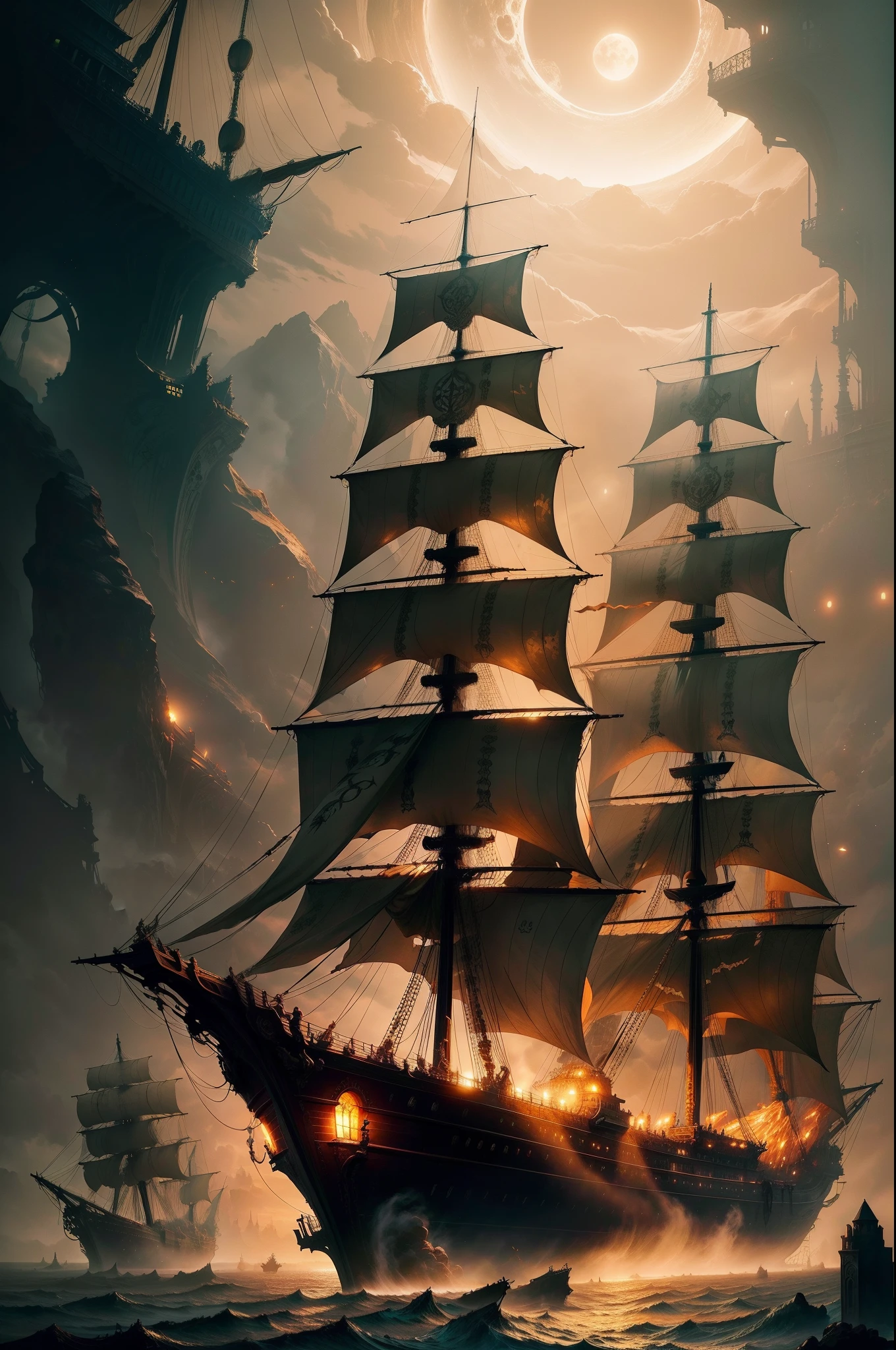 ghost ship, fantasy art, sophisticated, beautiful, glowing, golden hour, space, ultra-detailed, detailed modeling, hull is broken, fantastic, mysterious, creepy, decaying sails, foggy, Flickering lights, realistic, detailed illustrations, high resolution, haunted ships, with Cthulhu mythos monsters on board