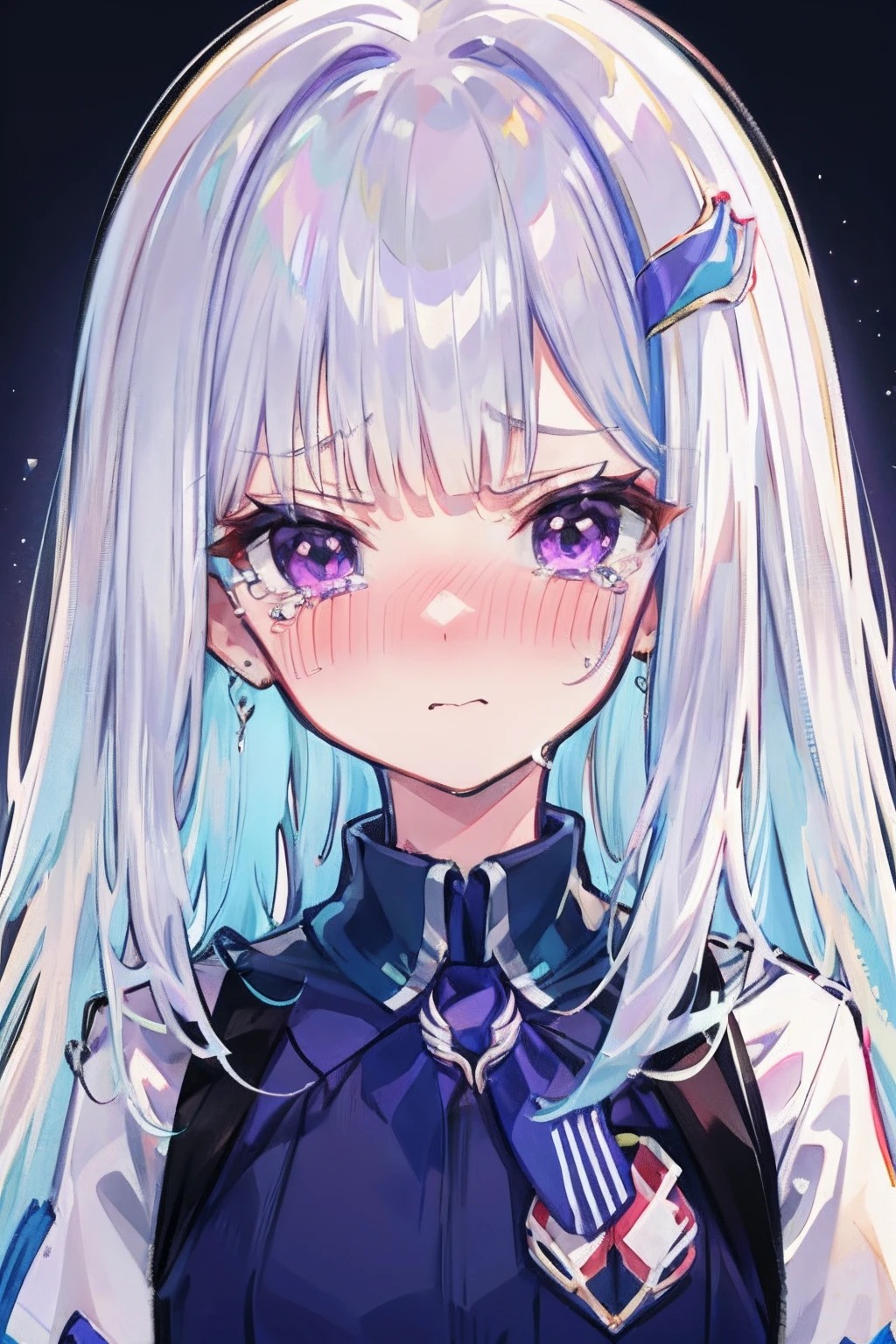 masterpiece, best quality, heart logo, li,full-face blush, nose blush, closed mouth, tears, angry, Sideways, purple eyes, white hair