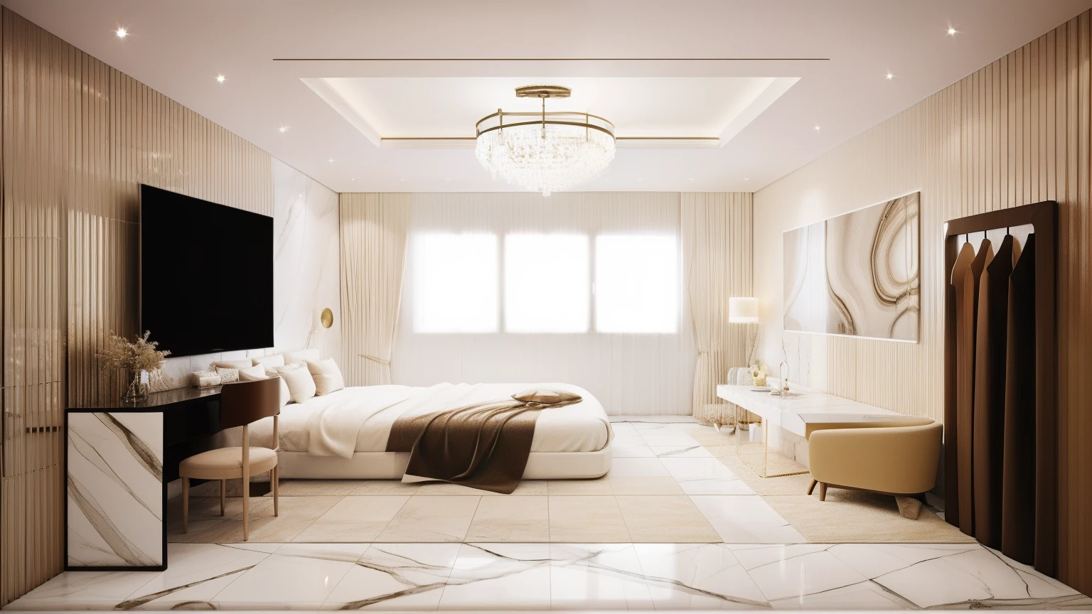 "The bedroom is modern, cozy with a touch of minimalism. Soft lighting, clean lines and neutral colors. Large bed, window on the left ((:1.3))), Large window at the head of the bed(((:1.4))), with curtain. Morning sunlight, Soothing marble floor tiles (((1.3))), white painted walls, murals, Bedroom desk, stylish TV cabinet, Greenery offers a bit of nature, peace, perfect for relaxation and rejuvenation.
