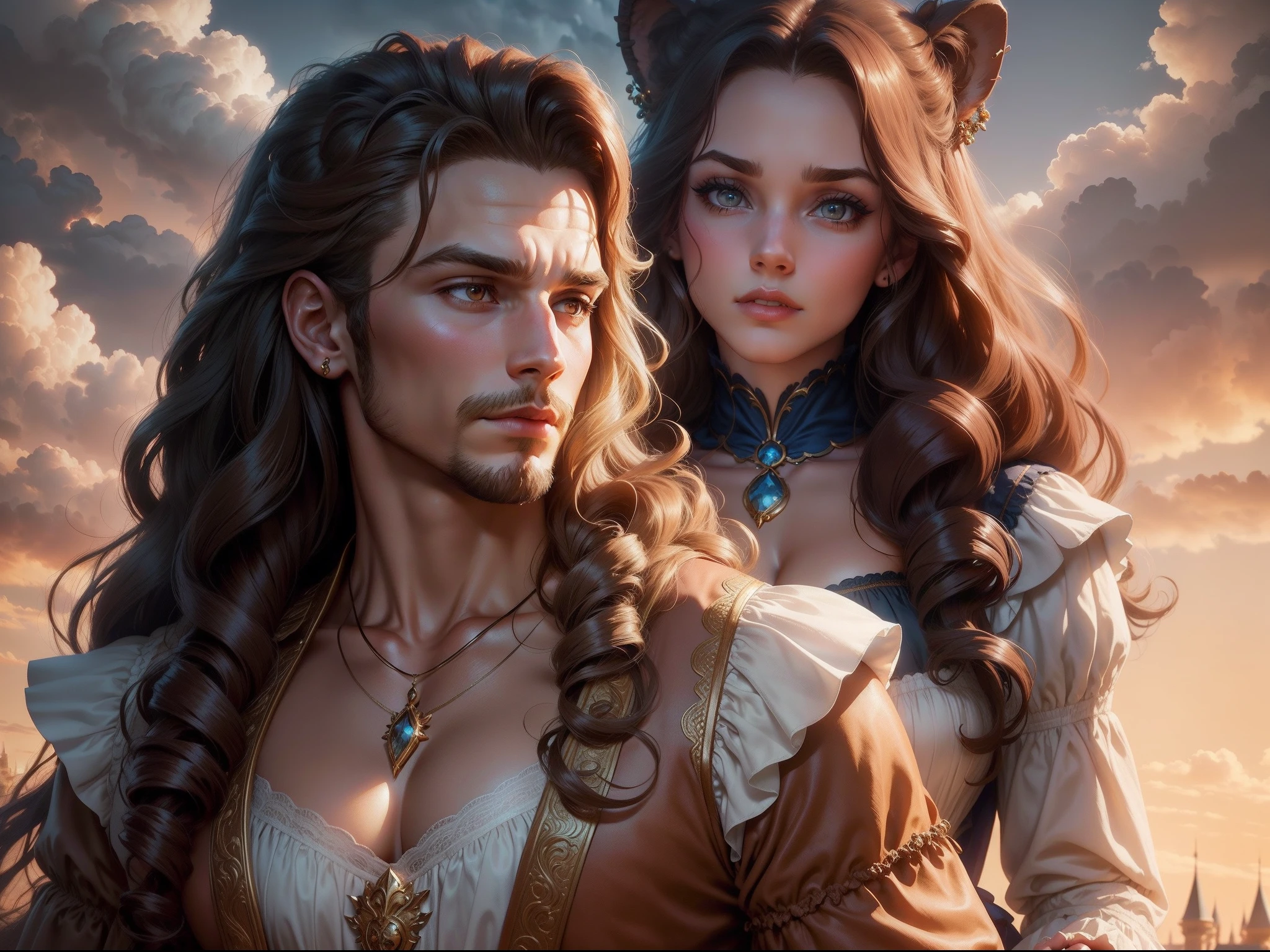 beauty and the beast (disney beauty and the beasts reference), the girl have big breasts ( vintage dress, brownish hair, wavy hair, jewelry), the man is abeast with half human body and lion head and have muscular body in vintage cloths, the background is a castle, cinematic, cloudy bright sky, dramatic.