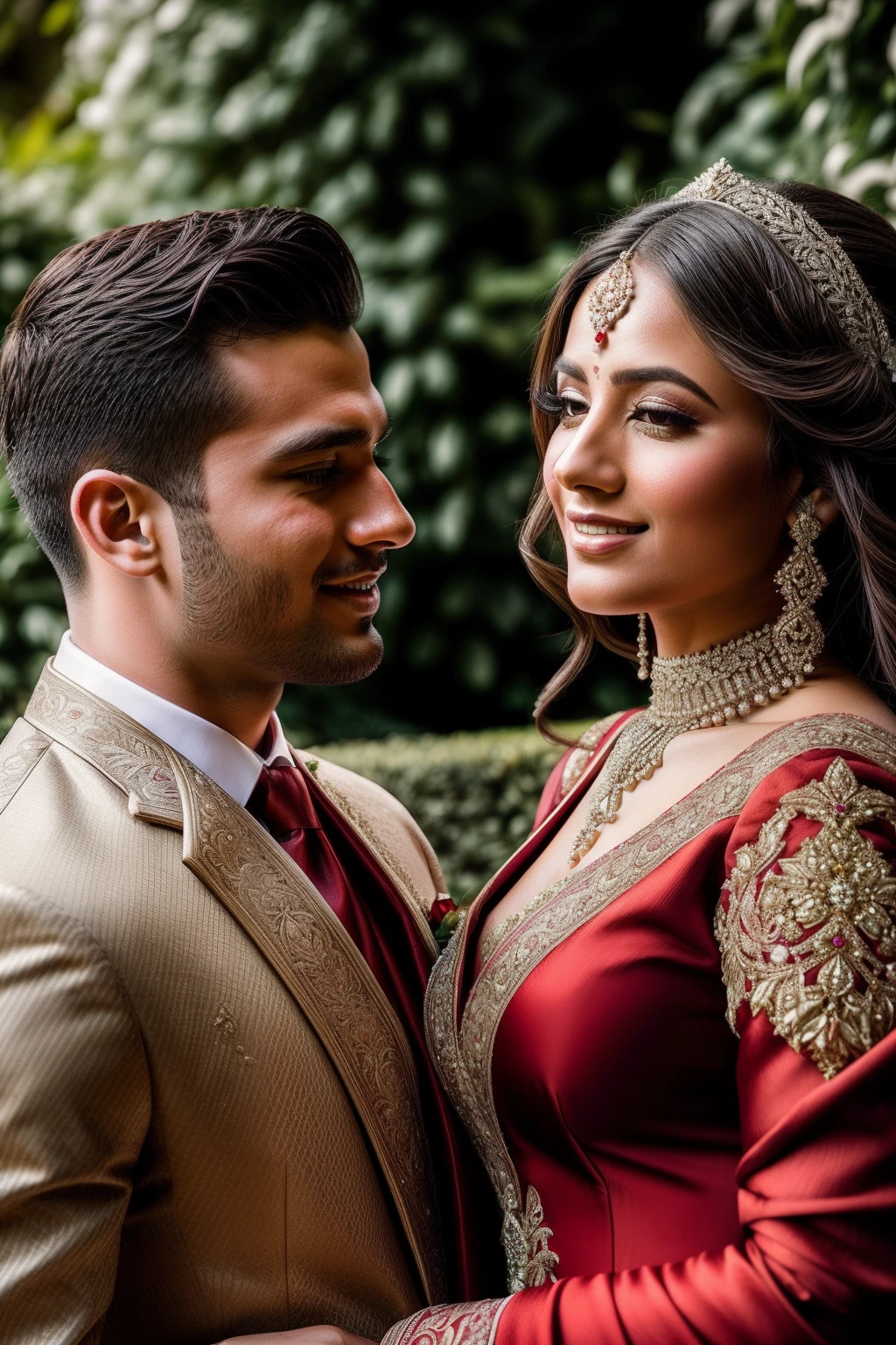 Enchanting wedding celebration in a breathtaking garden or courtyard with exquisite decor and elements, capturing the stunning bride and groom in a beautifully crafted portrait, beautiful face, closeup shot of both groom and bride, camera facing shot, ((lavish garden)), ((bride wore red seductive gown))