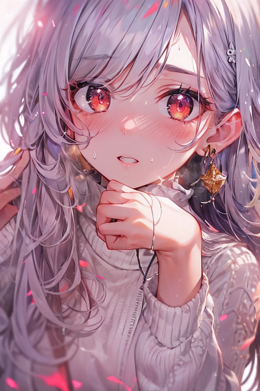 (((masterpiece)))、(((top-quality)))、((ultra-detailliert))、(illustratio)、((extremely delicate and beautiful))、Bright smile、floating、purple color hair、(Detailed light) (1girl in)、独奏、The long-haired、The wind is blowing、A WORLD、(cute eye)、Realistic, ultra-detailliert, (Shiny skin, full of sweat:1.4), Looking at Viewer, slender, Solo, Miniskirt, Long hair, White hair, Red Eyes, (thick thighs:0.5), Dynamic lighting, High resolution, Sharp Focus, depth of fields, medium breasts, masutepiece, Best Quality, Ultra-detailed, Illustration, Ultra-detailed face, best quality face, Adult,, 18 years old, Adult, intricate detailed outfit, Sexy Pose, Glowing red dress, Cute, kawaii,, finely detailed eyes, Blushing, Red cheeks, Realistic, Glowing eyes, Fluffy jumper, Skirt, Parted lips, blush, Night, Cute, , finely detailed eyes, Embarrassed expression, long_hair, Blushing, Moon, Star_\(skyporn\), starrysky_skyporn, full_Moon, Photorealistic, Asian, Woman, mix4