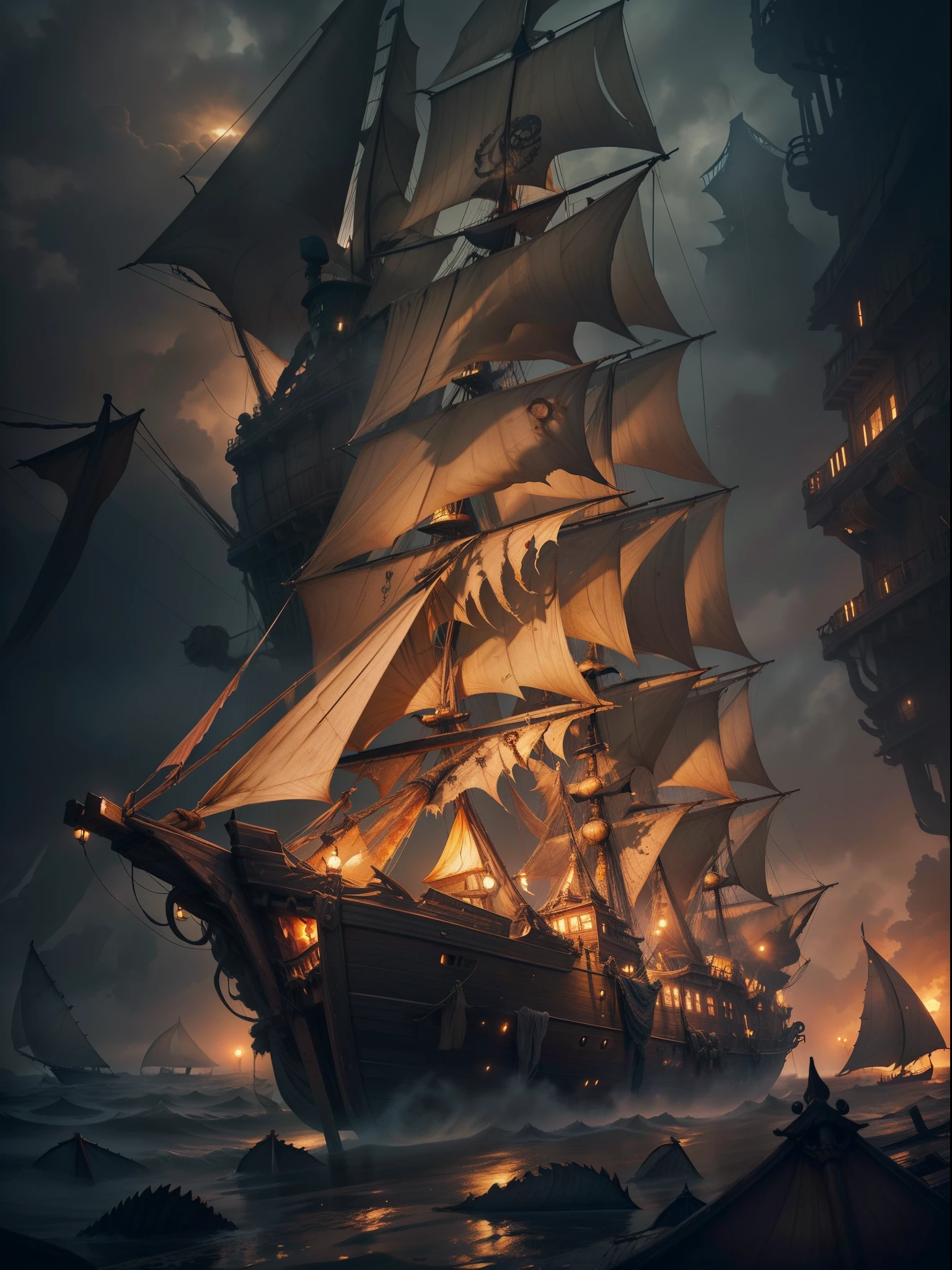 (ghost ship:1.2), Fantasy Art, Sophisticated, Beautiful, blazing, the golden hour, spaces, Ultra-detailed, Detailed modeling, (The hull is broken:1.3), Fantastic, Mysterious, (creepy:1.1), (Rotten sails:1.5), Foggy, Flickering lights, Realistic, Detailed illustrations, High resolution, Haunted Ship, Carry the monster of the Cthulhu Mythos,Rough seas