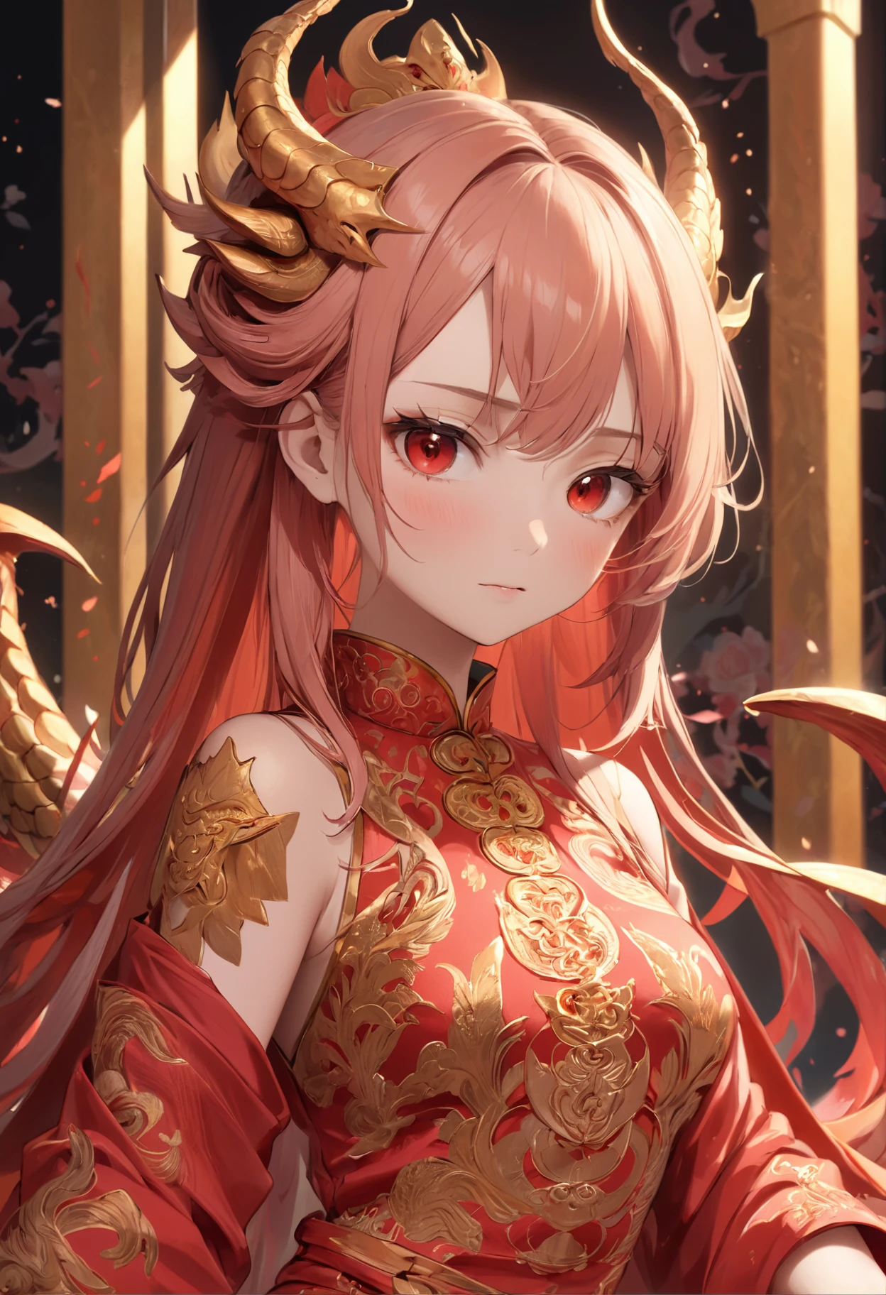 (Ultra-realistic 8k CG:1.2),Perfect artwork,delicate patterns,Complicated details,(Unbeatable masterpiece,Best quality at best:1.2),(extremly intricate:1.2),
A woman who is eye-catching,She wore a gorgeous red and gold dress,The dress is embroidered with brilliant patterns,The gold thread shines with a delicate light,Her curvaceous figure,The dress perfectly outlines her graceful figure,Give her a noble and elegant temperament,Sit on a huge red dragon chair,The back of the chair is embroidered with a golden dragon pattern,Highlight the royal dignity,On each side of the dragon chair are a pair of screens painted with exquisite auspicious patterns。
She wears a brilliant phoenix crown,The crown is encrusted with precious gemstones and silver jewelry,Phoenix feathers hanging from the forehead danced,The crown is embellished with red ribbons,Sway gently。
The wedding scene is bustling and elegantly furnished,A huge golden word "Xi" hangs in the center of the venue,The venue is surrounded by red and gold lanterns and garlands,Brilliant light and floral scents fill the air,Festive and homely feeling。
Worship ceremonies,Around the venue, a circular banquet is arranged,The ornate tablecloth is embroidered with intricate patterns,The table is filled with exquisite Chinese dishes and a variety of dim sum,Guests arrived in full costume,You look at it,Full of laughter and blessings,Everyone talks to each other,Share the joy and joy to the fullest。
(red palace:1.2),(Chinese Ancient Architecture),(rot:1.8),natta。