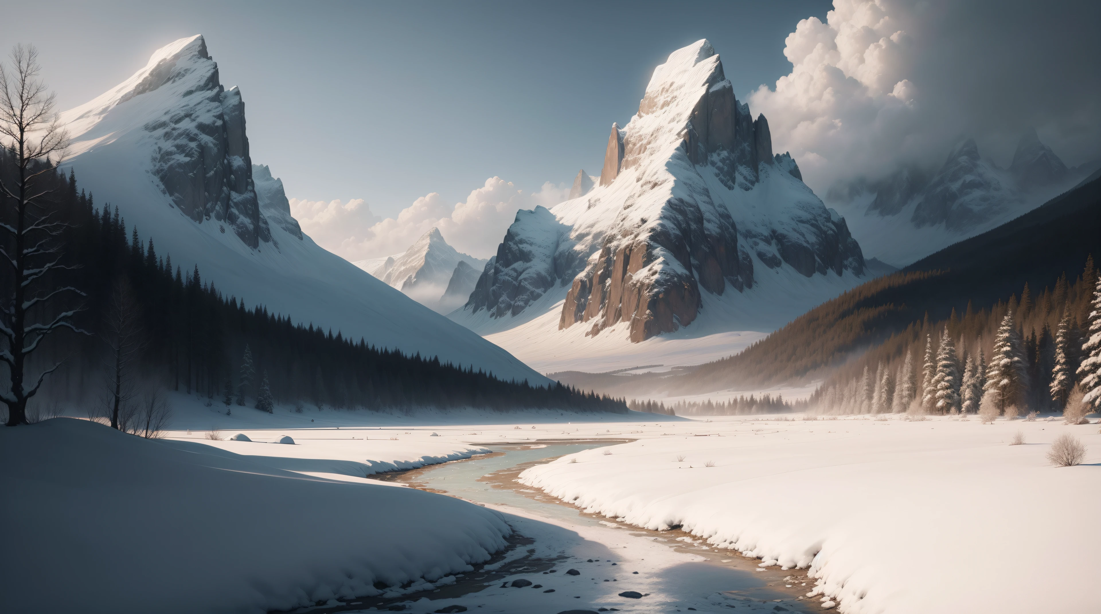 A breathtaking masterpiece of the highest detail and resolution. Imagine a sprawling and realistic landscape, a wide expanse of frozen white fields as far as the eye can see. In the center of this frozen canvas, a colossal river winds its way majestically, reflecting the ambient light with pristine clarity. The scene is bathed in cinematic lighting, showcasing the subtle play of light and shadow.
The attention to detail is impeccable. The snow-covered field extends to the distant horizon, where it meets the clear, wide sky. Overhead, clouds of various layers and formations stretch across the blue expanse, adding depth and dimension to the scene. The clouds interact with the sunlight, creating intricate patterns of light and shade on the snow below.
The river is a marvel of realism. Its surface is frozen in places, with delicate cracks and textures that glisten under the sunlight. The flow of the river is evident, captured with meticulous attention to detail. As the river winds through the landscape, it carries with it the sense of movement and tranquility
The overall atmosphere is calming and serene, drawing the viewer into the scene. The depth of field adds a touch of realism, with distant mountains on the horizon appearing as soft silhouettes. The volumetric colors in the sky enhance the ethereal quality of the scene, and the fine details in the clouds and landscape contribute to its photorealism
This artwork is a true embodiment of your vision, bringing together the realms of imagination and reality. The result is a stunning 4K wallpaper that captures the grandeur of nature in its purest form, creating an experience that is both awe-inspiring and serene. The attention to detail, the interplay of light and shadow, and the overall sense of tranquility make this artwork a true masterpiece in the world of visual art