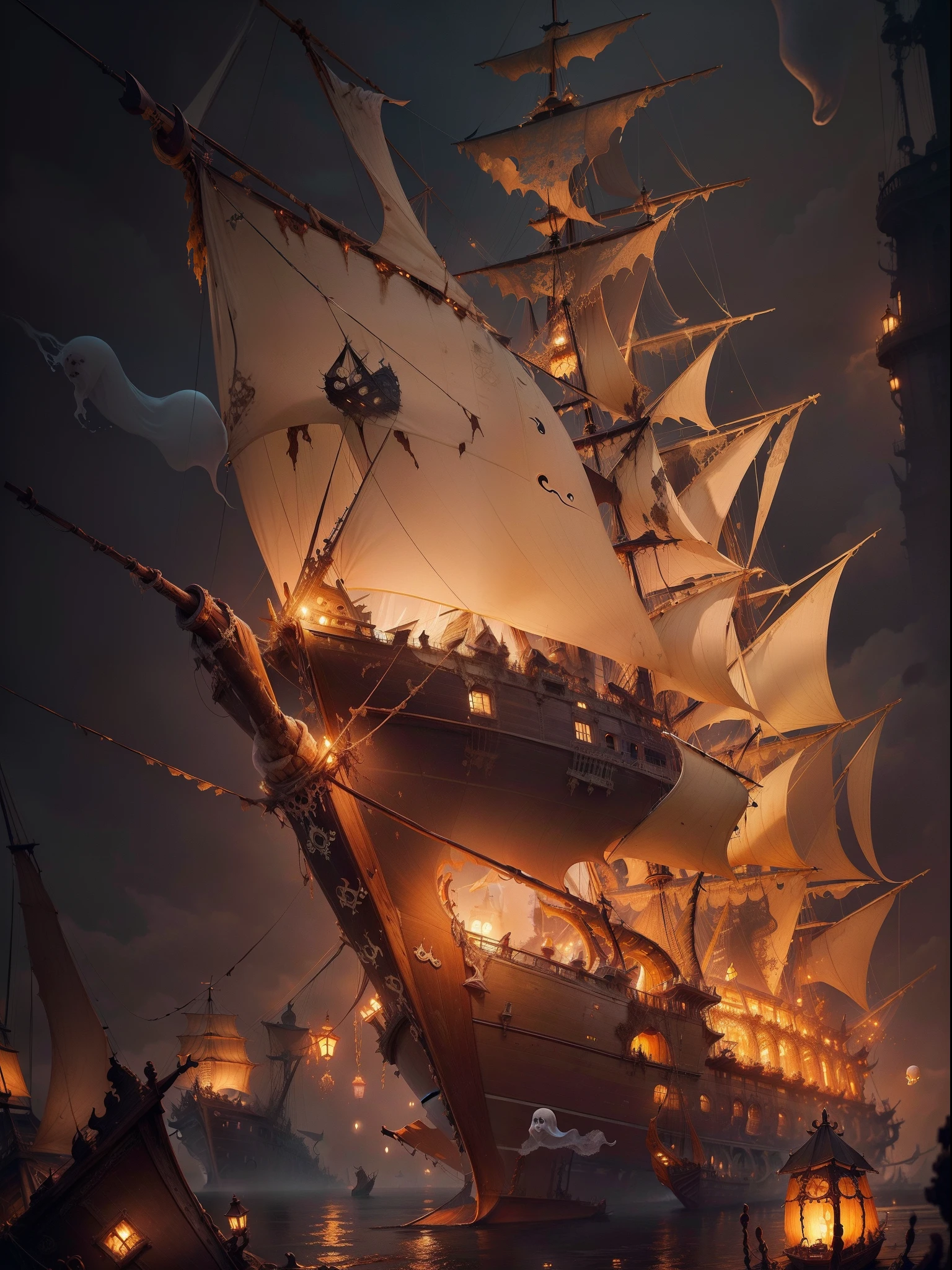 (ghost ship:1.8), Fantasy Art, Sophisticated, Beautiful, blazing, the golden hour, spaces, Ultra-detailed, Detailed modeling, (The hull is broken:1.3), Fantastic, Mysterious, (creepy:1.1), (Rotten sails:1.5), Foggy, Flickering lights, Realistic, Detailed illustrations, High resolution, Haunted Ship, Carry the monster of the Cthulhu Mythos,Rough seas