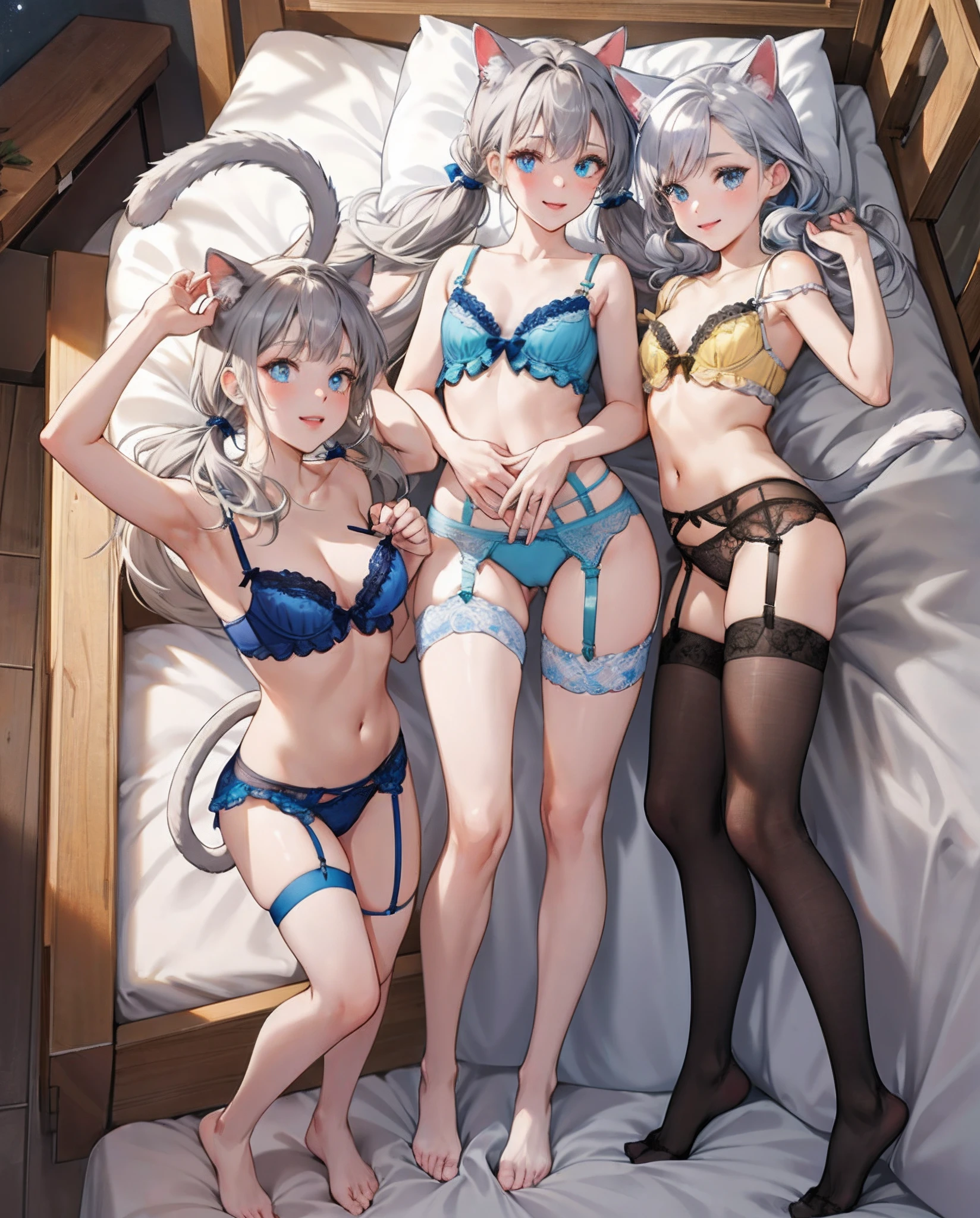 16k,{{{masterpiece}}}, {{{best quality}}}, {{ultra-detailed}}, {illustration}, {{an extremely delicate and beautiful}},
, 1girl, (cat ears tail), ((right blue eye)), ((left yellow eye)), very smile, full body, small breasts, petite,
,((((open stance)))), armpit focus,back focus, under boob, midriff peek, armpit focus,back focus, tights, ((silver long twin tail hair)),
troll face, (((doll))), (((((very very micro micro lingerie))))), (((garter belt))), (((sheerness))),
night,
bedroom,
(((lying on back bed))),arms raised in the up,