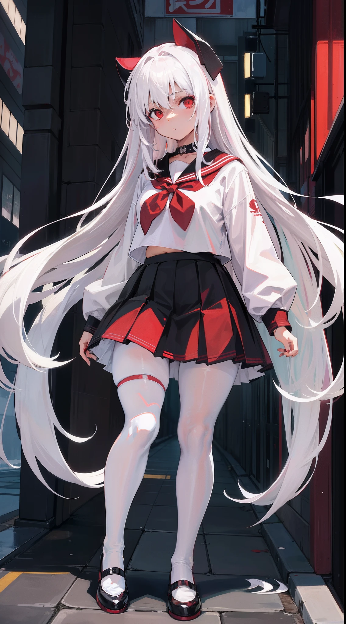 Long white hair, Red eyes, Black pleated skirt,Inside is a white sailor suit,Wearing black pantyhose, Plump body, An anime character, Only one person,Drinking brown drinks on the street