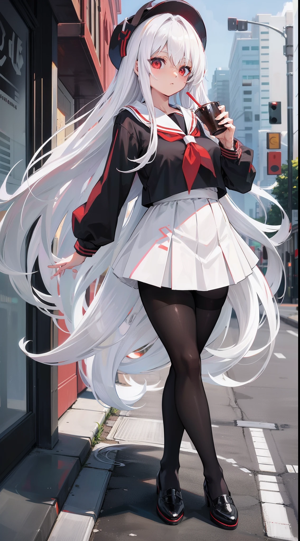 Long white hair, Red eyes, Black pleated skirt,Inside is a white sailor suit,Wearing black pantyhose, Plump body, An anime character, Only one person,Drinking brown drinks on the street