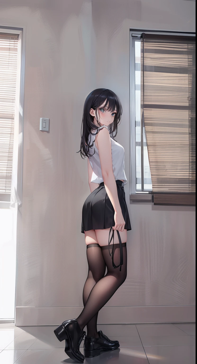 1 girl, black hair, hair to shoulders, standing, legs crossed, oversized shirt, beautiful face, delicate eyes, close to camera, skirt, no bra, small breasts, simple mouth, girl wearing oversized shirt, you can see her through her shirt,
Lift the black skirt ((NSFW2.0))