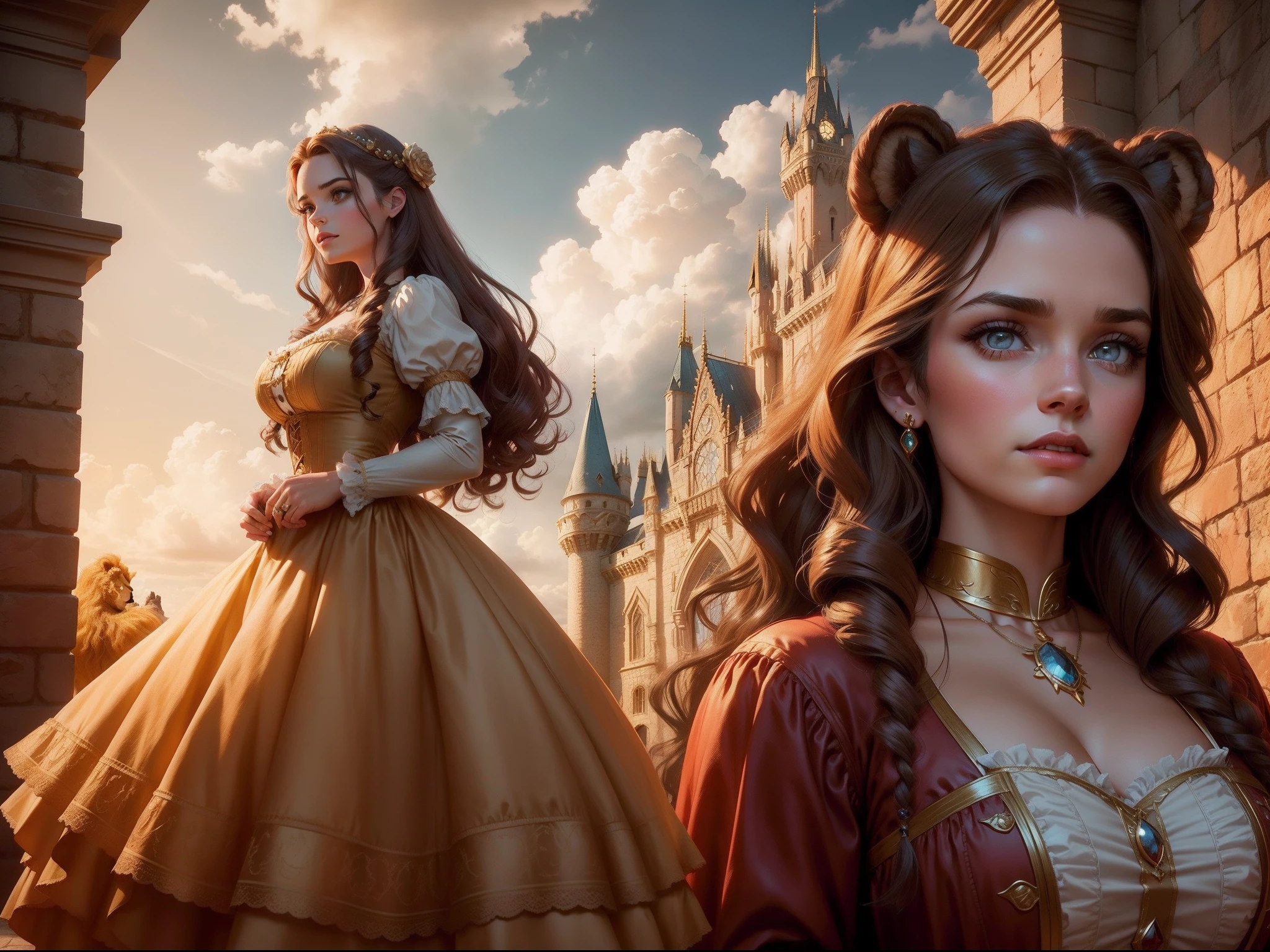 beauty and the beast (disney beauty and the beasts reference), the girl have big breasts ( vintage dress, brownish hair, wavy hair, jewelry), the man is abeast with half human body and lion head and have muscular body in vintage cloths, the background is a castle, cinematic, cloudy bright sky, dramatic.