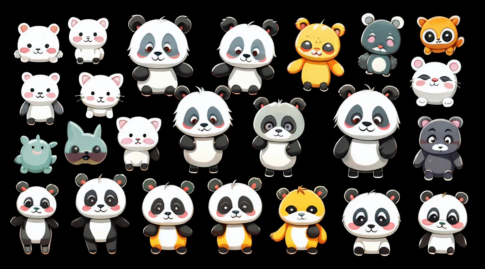 a sticker,12 cute giant pandas,Multiple expressions,Simple black background,White hemming